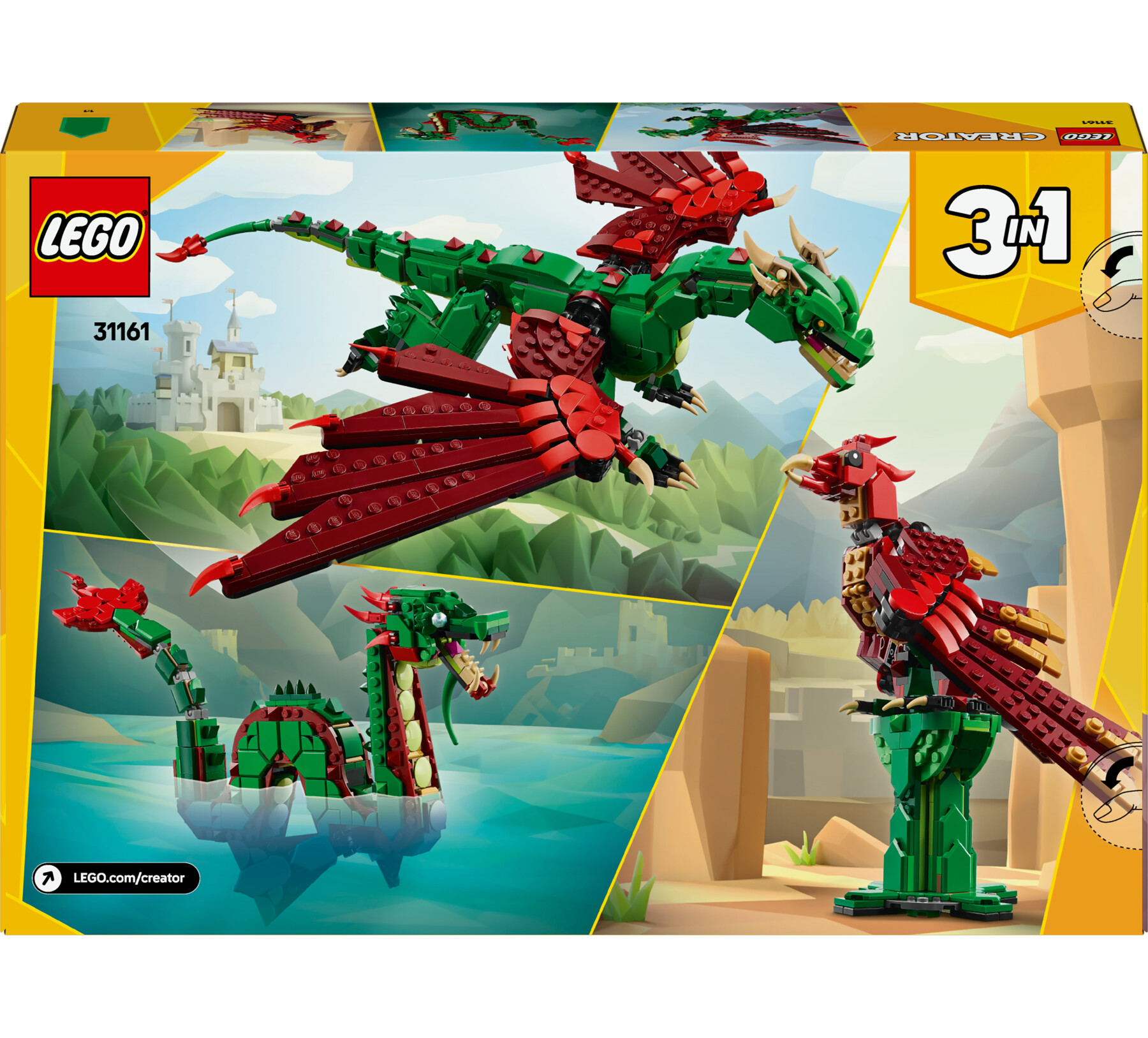 Lego creator 3 in 1 31161 drago medievale giocattolo, si trasforma in serpente o fenice, animali da costruire per bambini 9+ - LEGO CREATOR