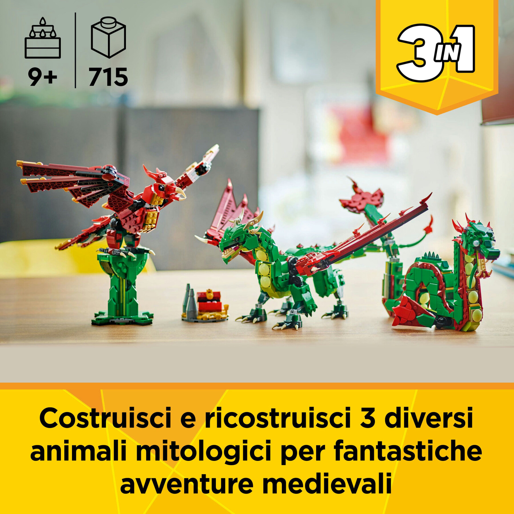 Lego creator 3 in 1 31161 drago medievale giocattolo, si trasforma in serpente o fenice, animali da costruire per bambini 9+ - LEGO CREATOR
