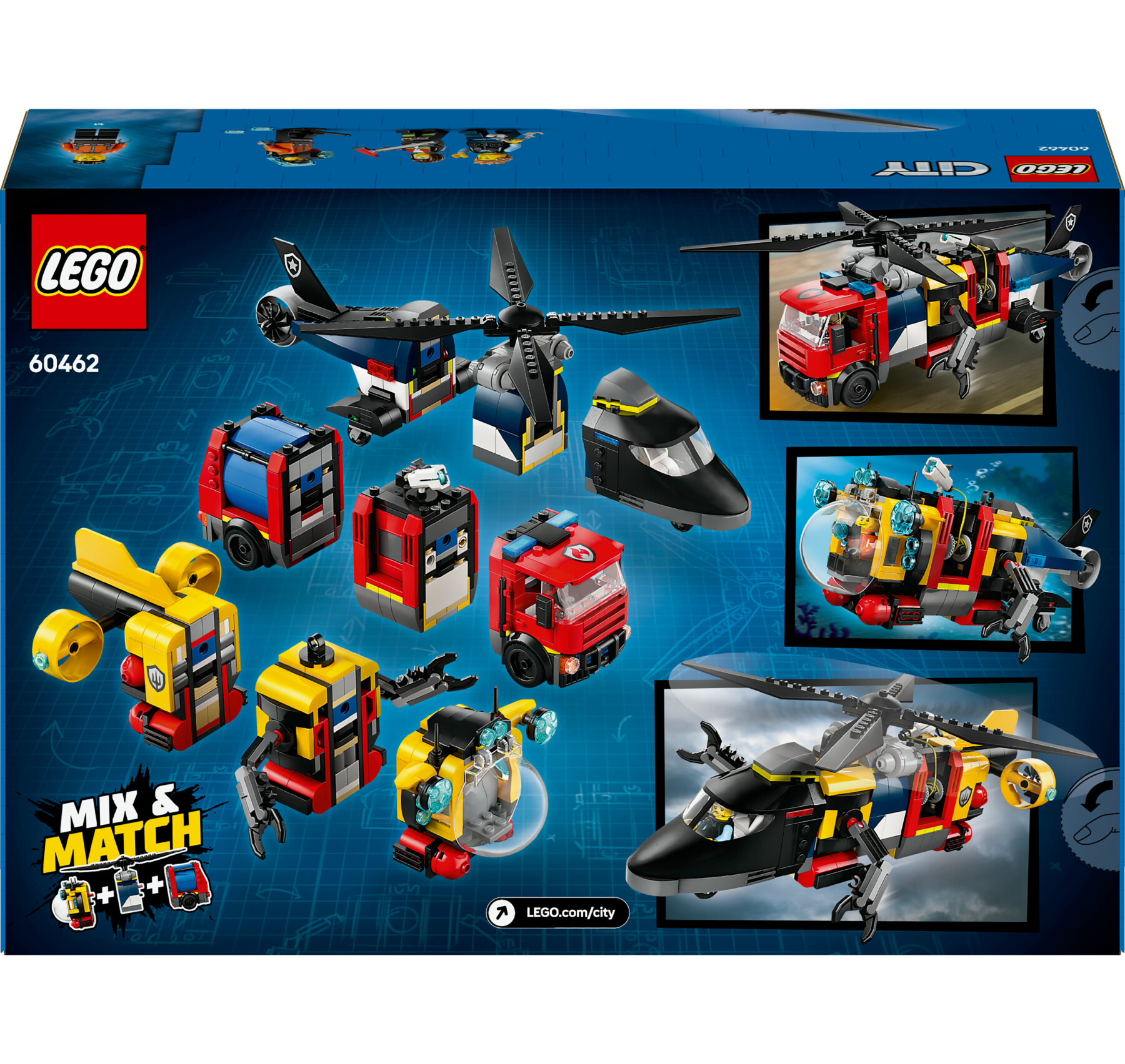 Lego city 60462 3in1 elicottero, autopompa e sottomarino - giocattolo combinabile con 3 minifigure, giochi per bambini 7+ - LEGO CITY