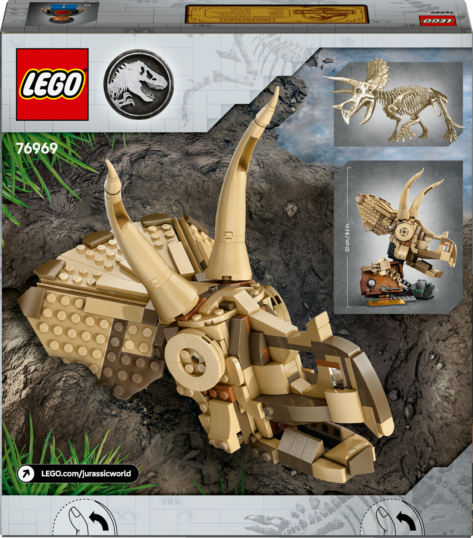 Lego jurassic world 76969 fossili di dinosauro: teschio di triceratopo, giocattolo con supporto e minifigure, giochi bambini 9+ - LEGO JURASSIC PARK/W