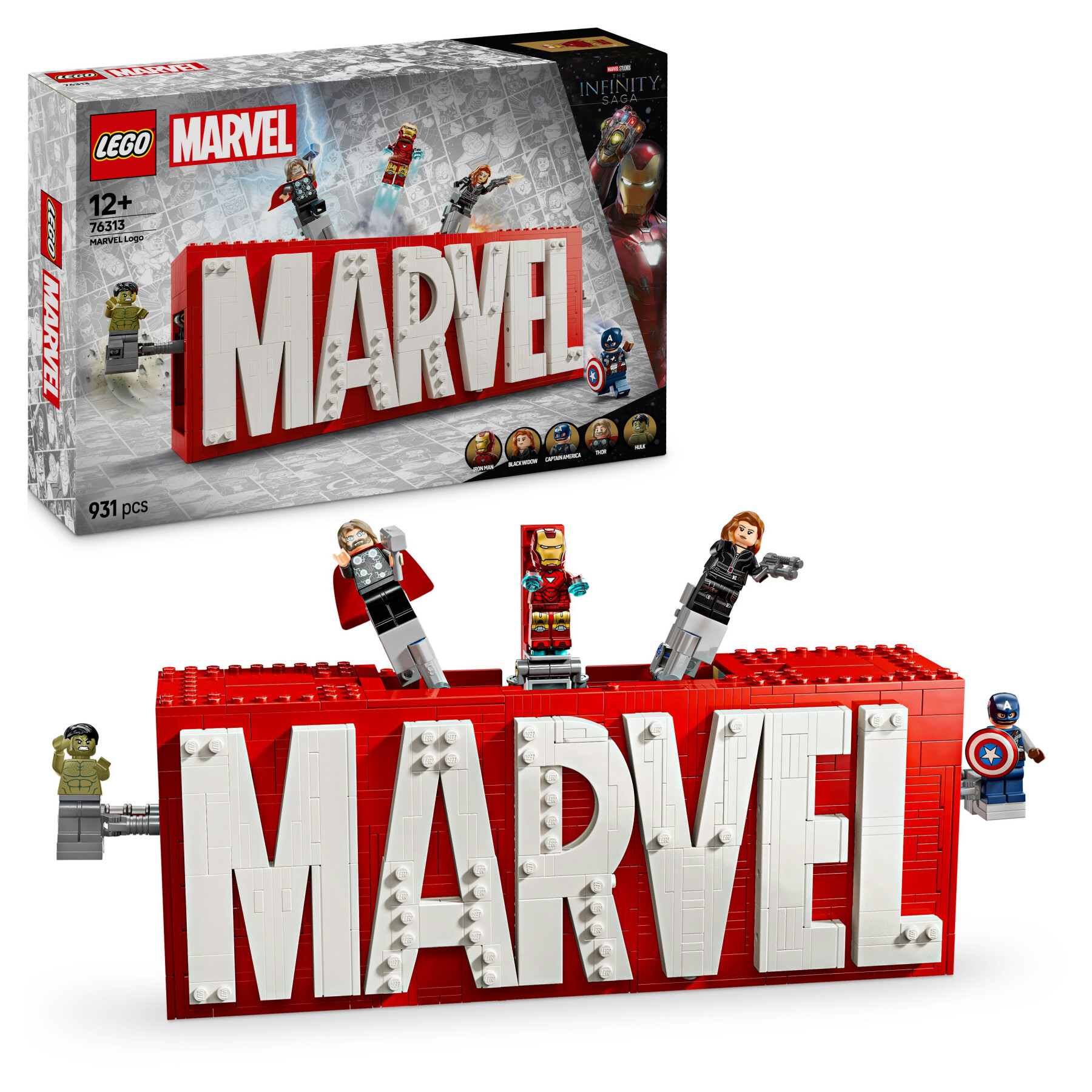 Lego 76313 logo e minifigure marvel con supereroi di hulk, thor, iron man, black widow e captain america, giochi bambini 12+ - LEGO SUPER HEROES