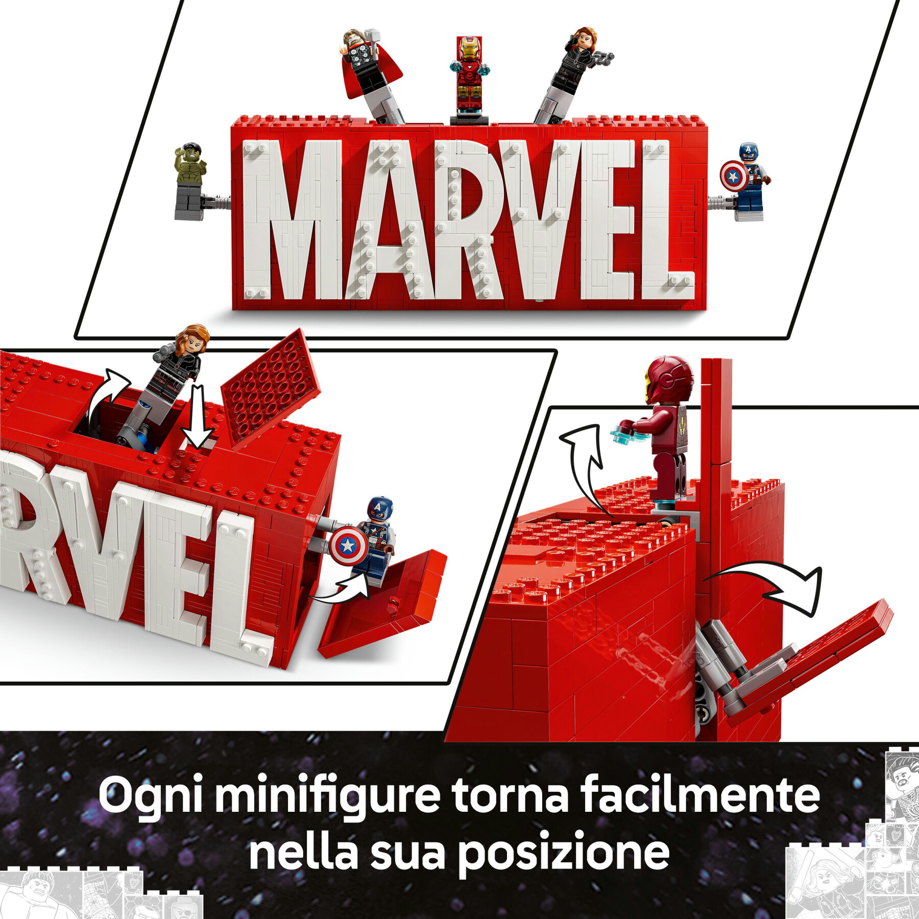 Lego 76313 logo e minifigure marvel con supereroi di hulk, thor, iron man, black widow e captain america, giochi bambini 12+ - LEGO SUPER HEROES