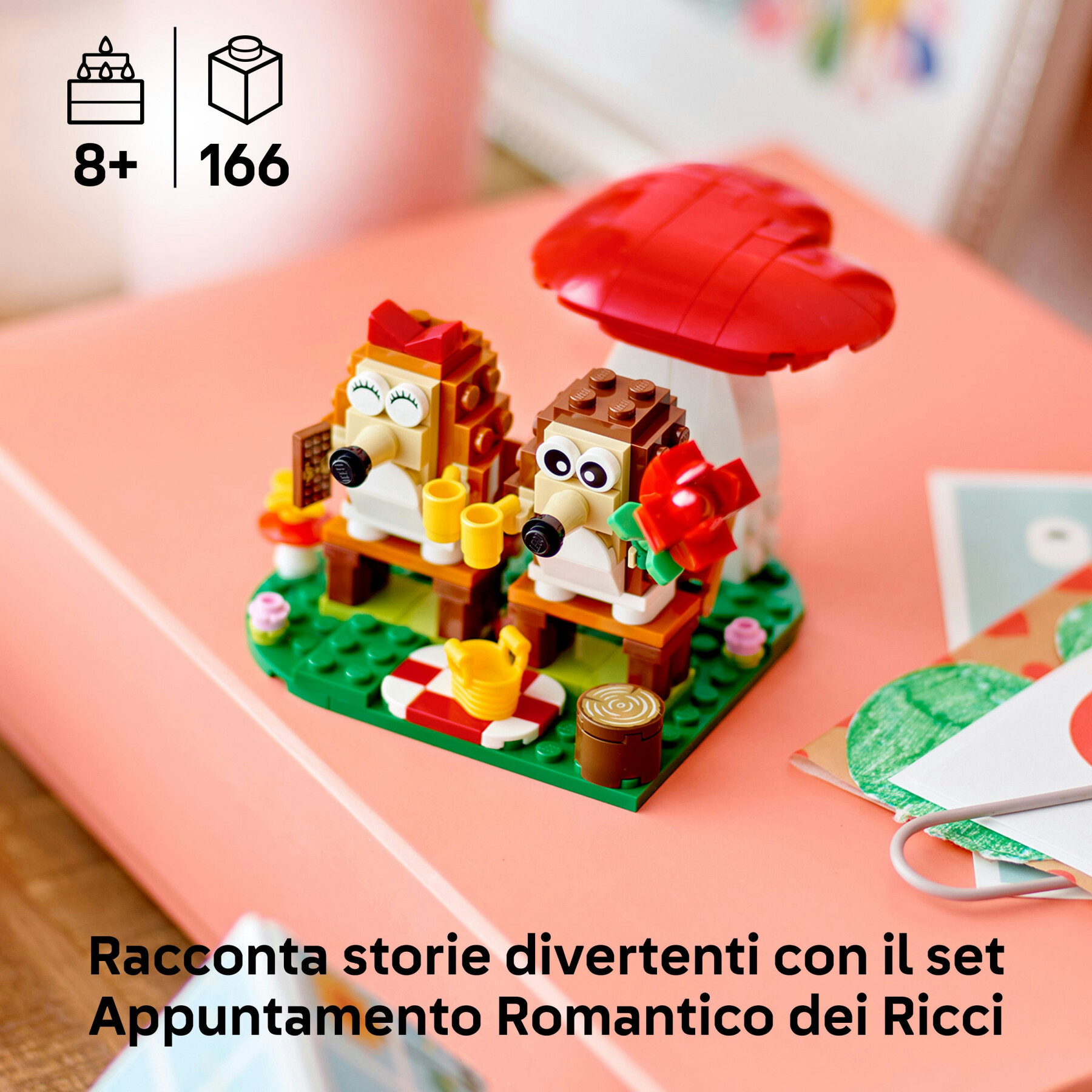 Lego 40711  l'appuntamento romantico dei ricci, giochi creativi per bambini 8+ con 2 animali giocattolo, un fungo e una base - Lego