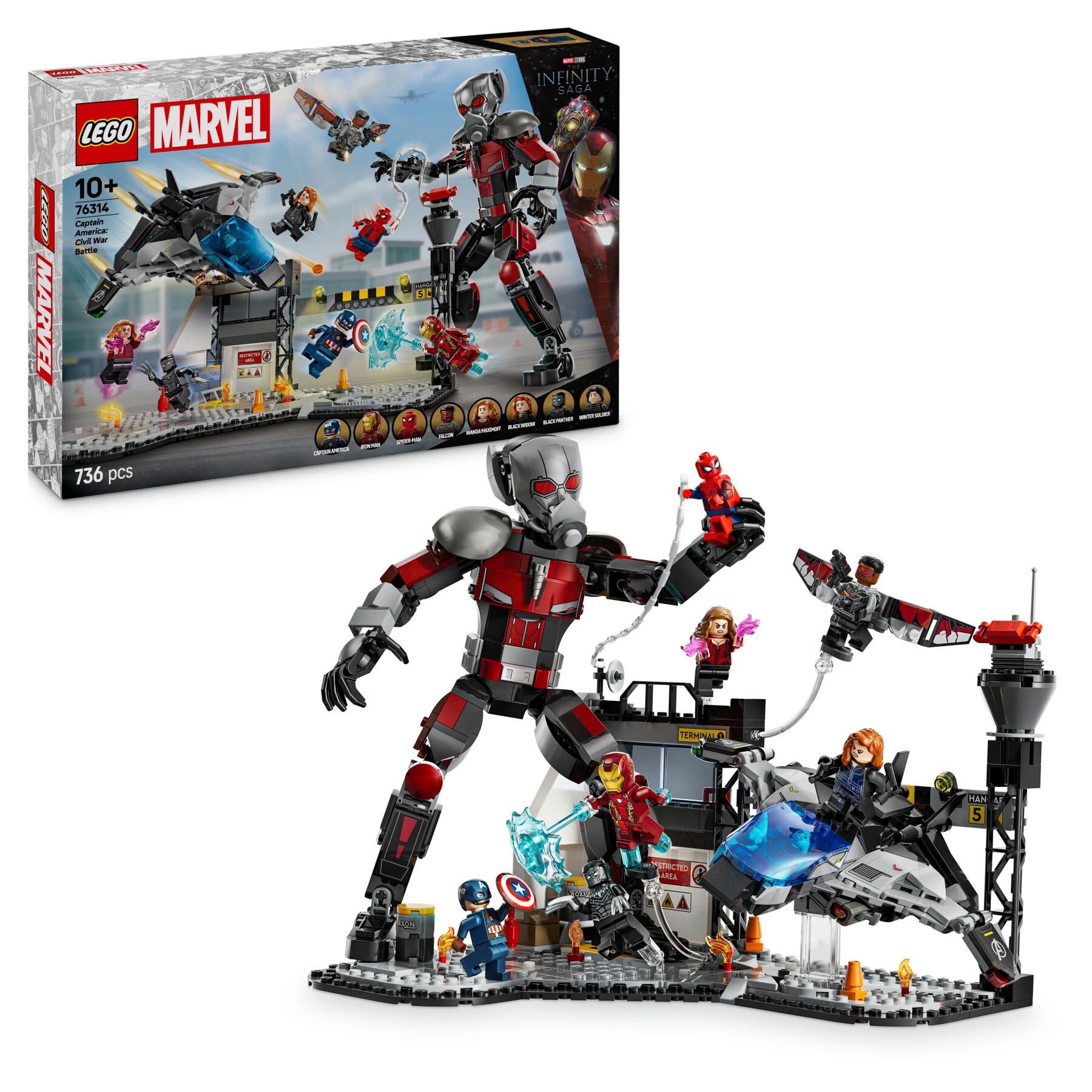 Lego marvel 76314 azione di battaglia captain america: civil war, 8 minifigure avengers e aereo giocattolo quinjet, bambini 10+ - LEGO SUPER HEROES