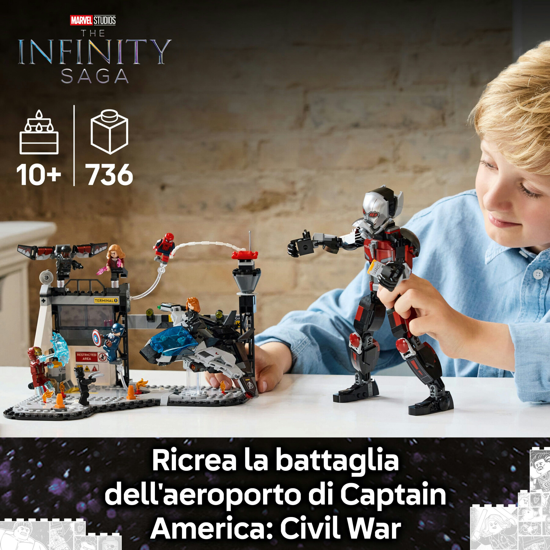 Lego marvel 76314 azione di battaglia captain america: civil war, 8 minifigure avengers e aereo giocattolo quinjet, bambini 10+ - LEGO SUPER HEROES