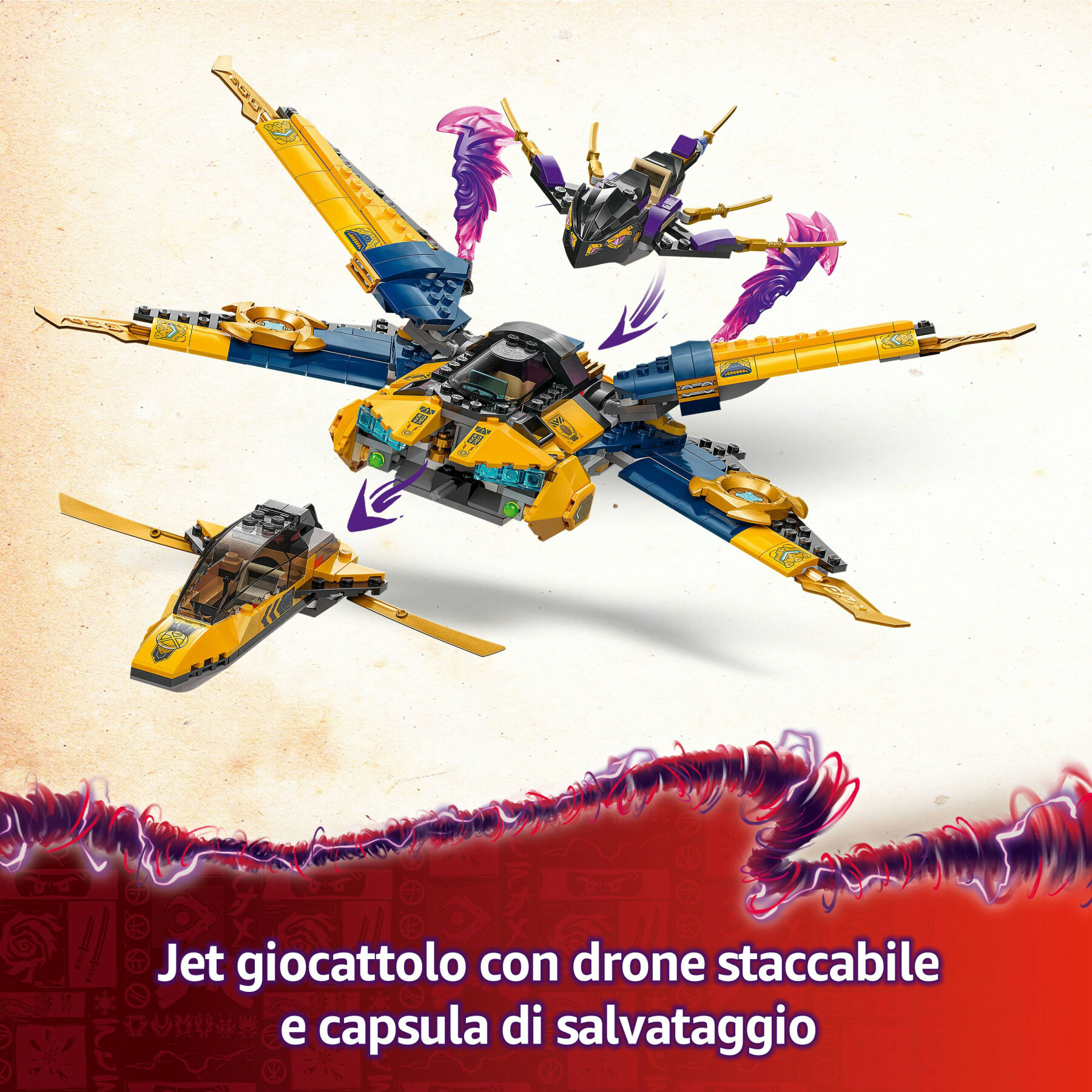 Lego ninjago 71833 jet super storm di ras e arin - aereo giocattolo con drone e capsula di salvataggio, giochi per bambini 8+ - LEGO NINJAGO