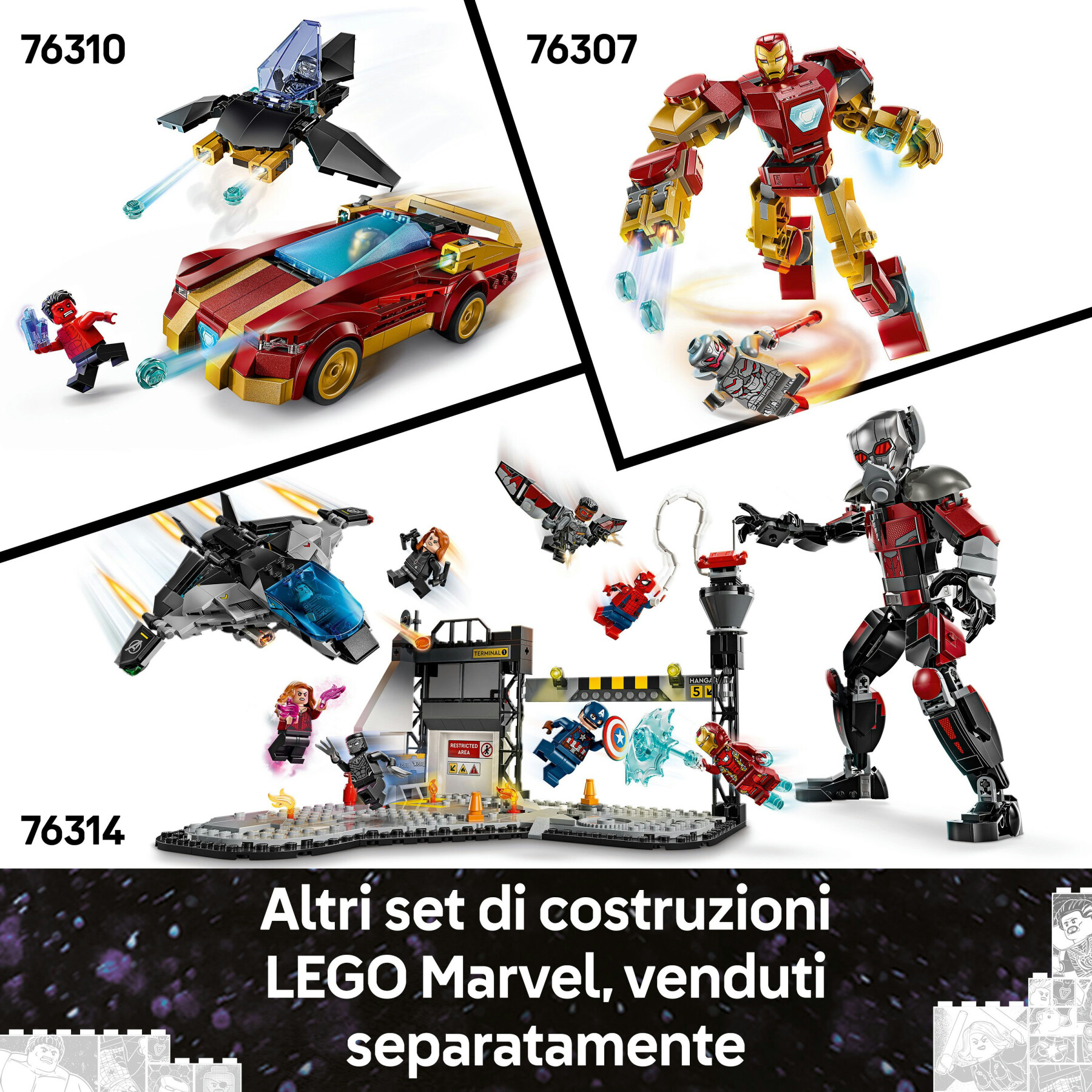 Lego 76313 logo e minifigure marvel con supereroi di hulk, thor, iron man, black widow e captain america, giochi bambini 12+ - LEGO SUPER HEROES