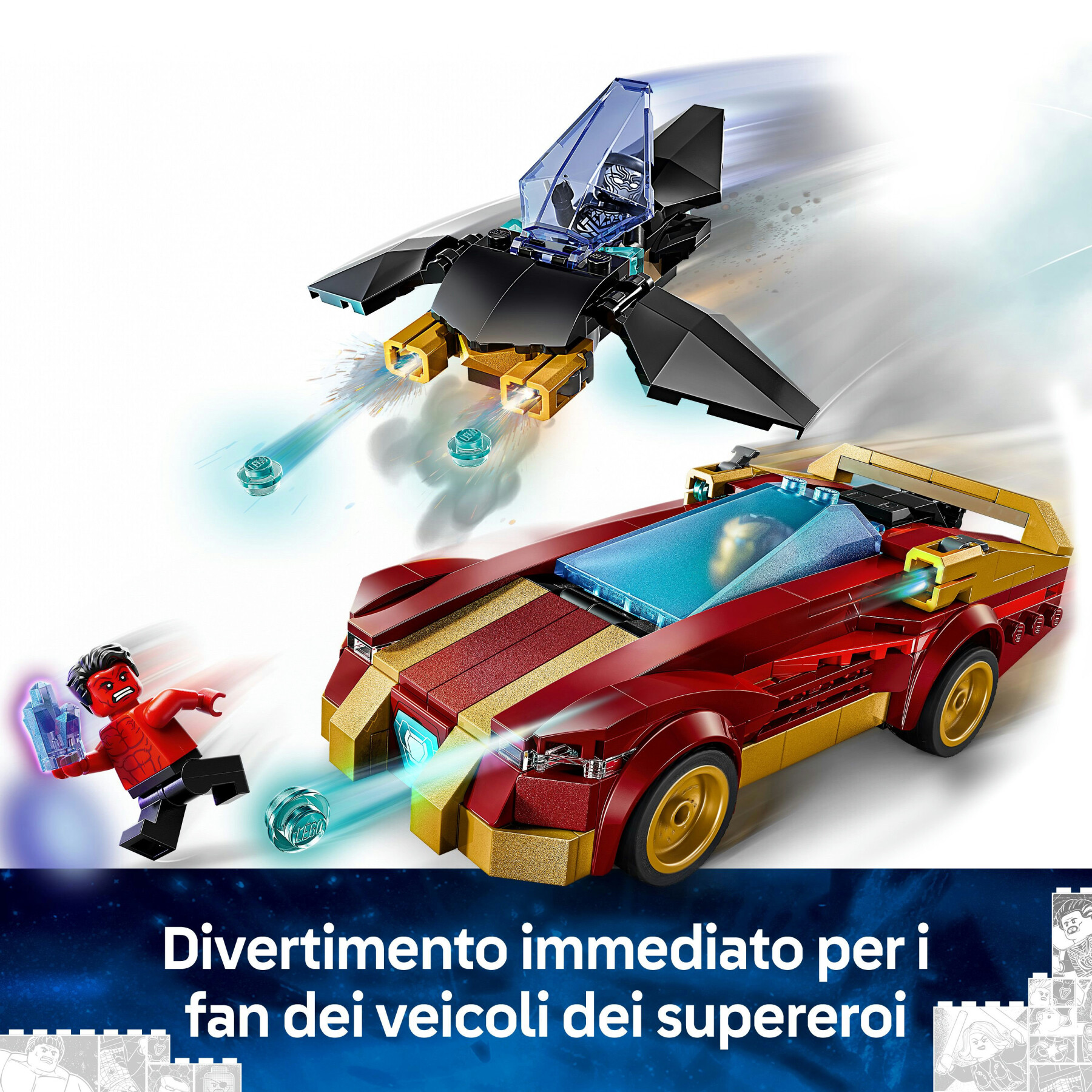 Lego marvel 76310 auto di iron man car e black panther contro hulk rosso, macchina giocattolo, aereo e 3 minifigure, bambini7+ - LEGO SUPER HEROES