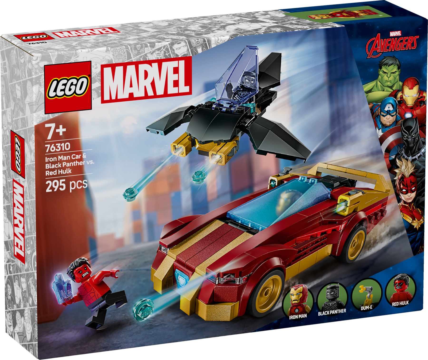 Lego marvel 76310 auto di iron man car e black panther contro hulk rosso, macchina giocattolo, aereo e 3 minifigure, bambini7+ - LEGO SUPER HEROES