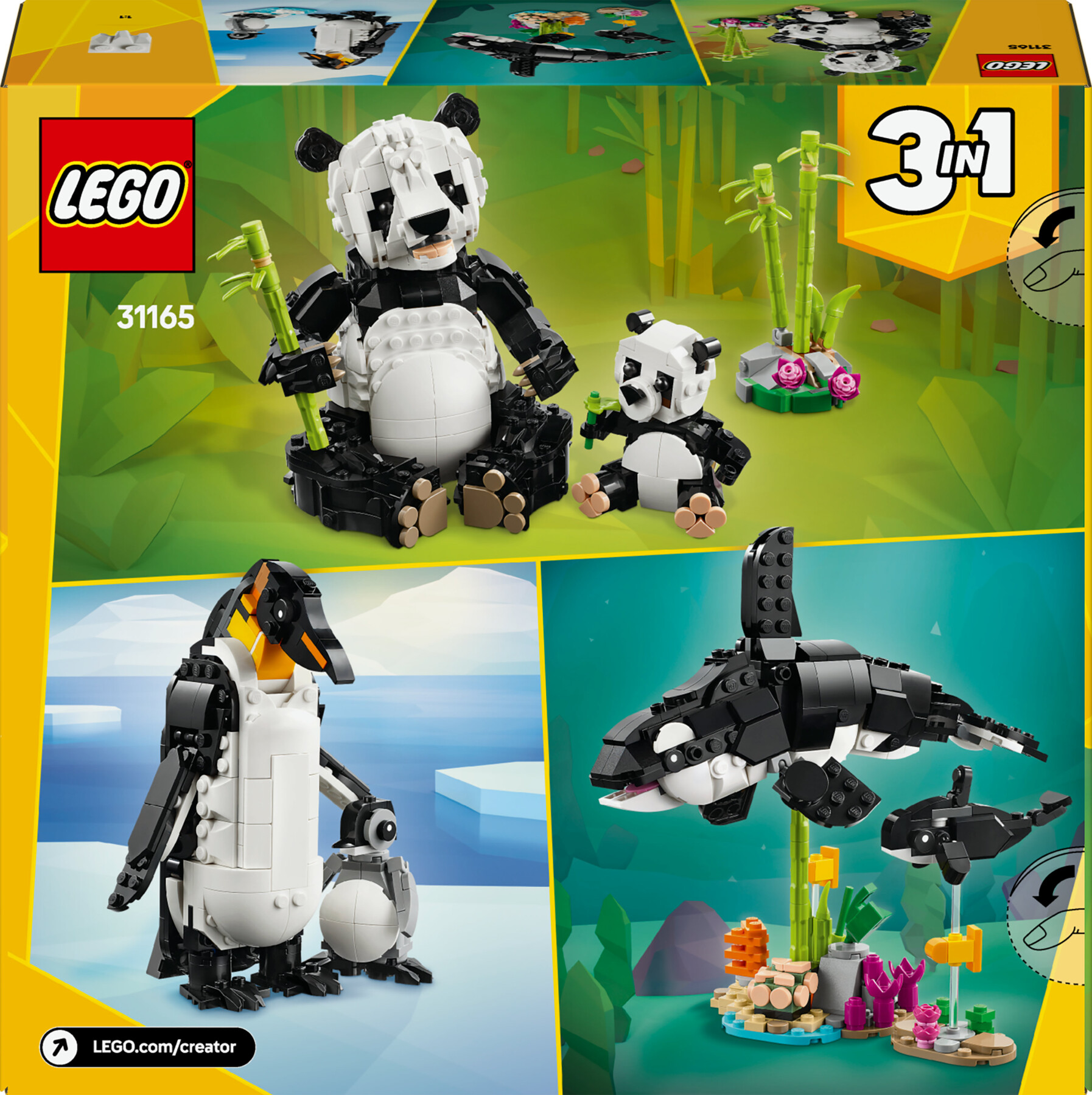 Lego creator 3 in 1 31165 animali selvatici: famiglia di panda giocattolo, si trasforma in pinguino e orca, giochi bambini 8+ - LEGO CREATOR