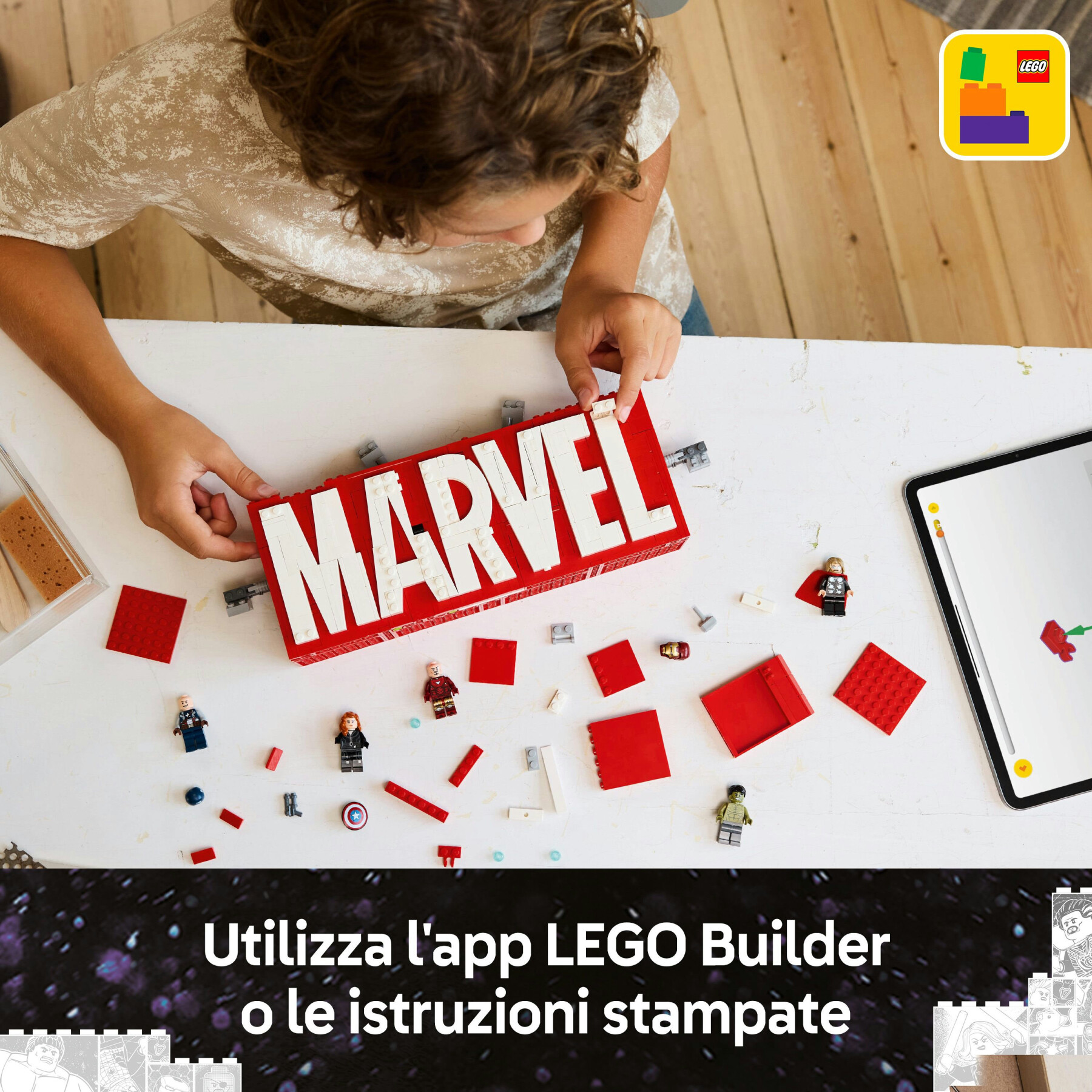 Lego 76313 logo e minifigure marvel con supereroi di hulk, thor, iron man, black widow e captain america, giochi bambini 12+ - LEGO SUPER HEROES