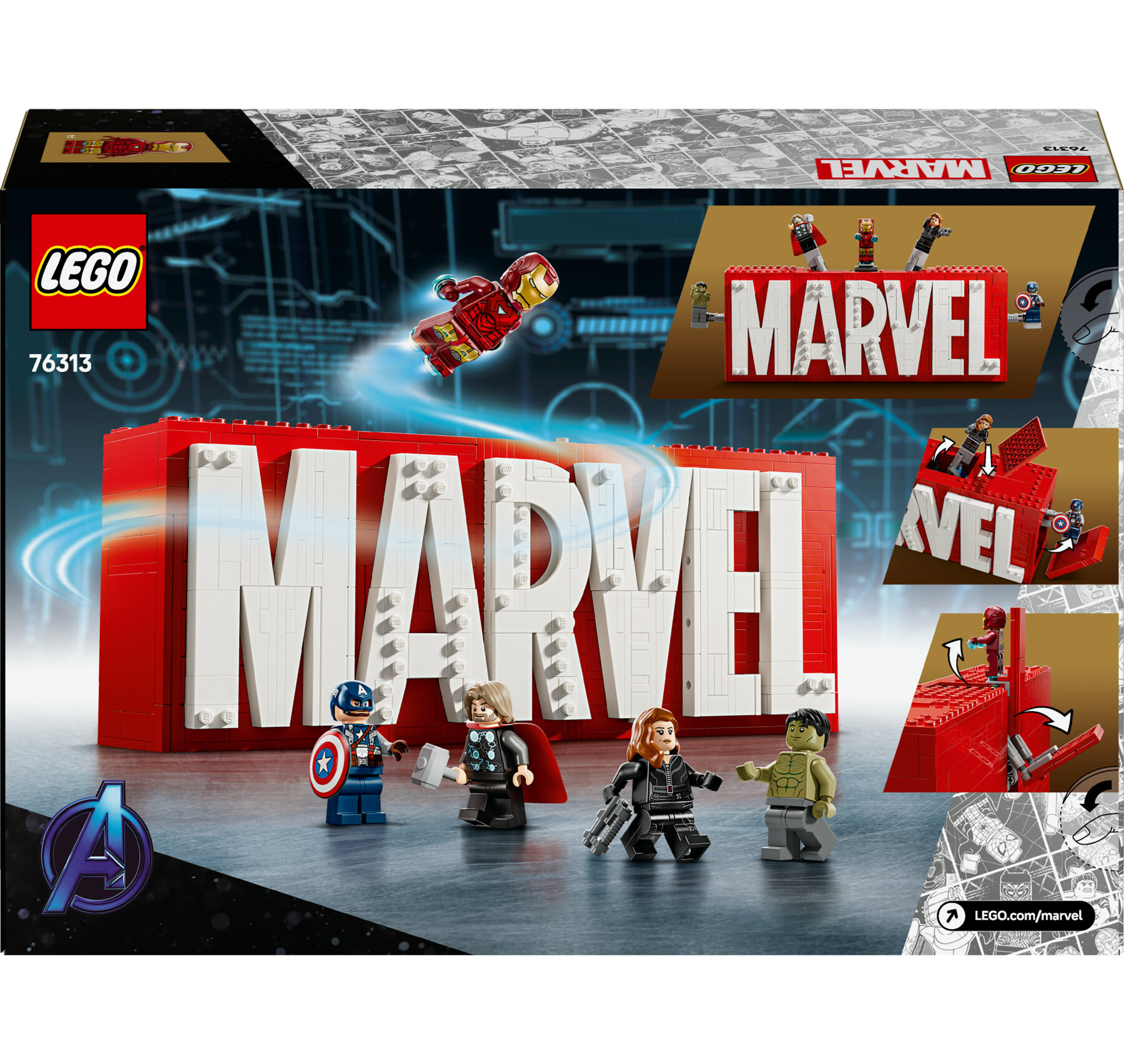 Lego 76313 logo e minifigure marvel con supereroi di hulk, thor, iron man, black widow e captain america, giochi bambini 12+ - LEGO SUPER HEROES