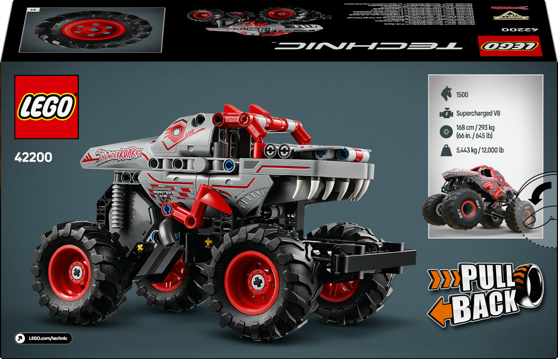 Lego technic 42200 pull-back thunderroarus, monster truck giocattolo da costruire, giochi bambini 7+, regalo fan monster jam - LEGO TECHNIC