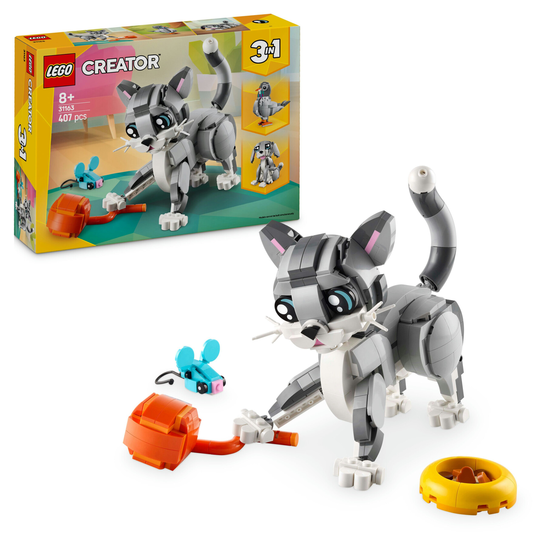 Lego creator 3 in 1 31163 gatto giocoso giocattolo, si trasforma in piccione o in cane - animali da costruire per bambini 8+ - LEGO CREATOR