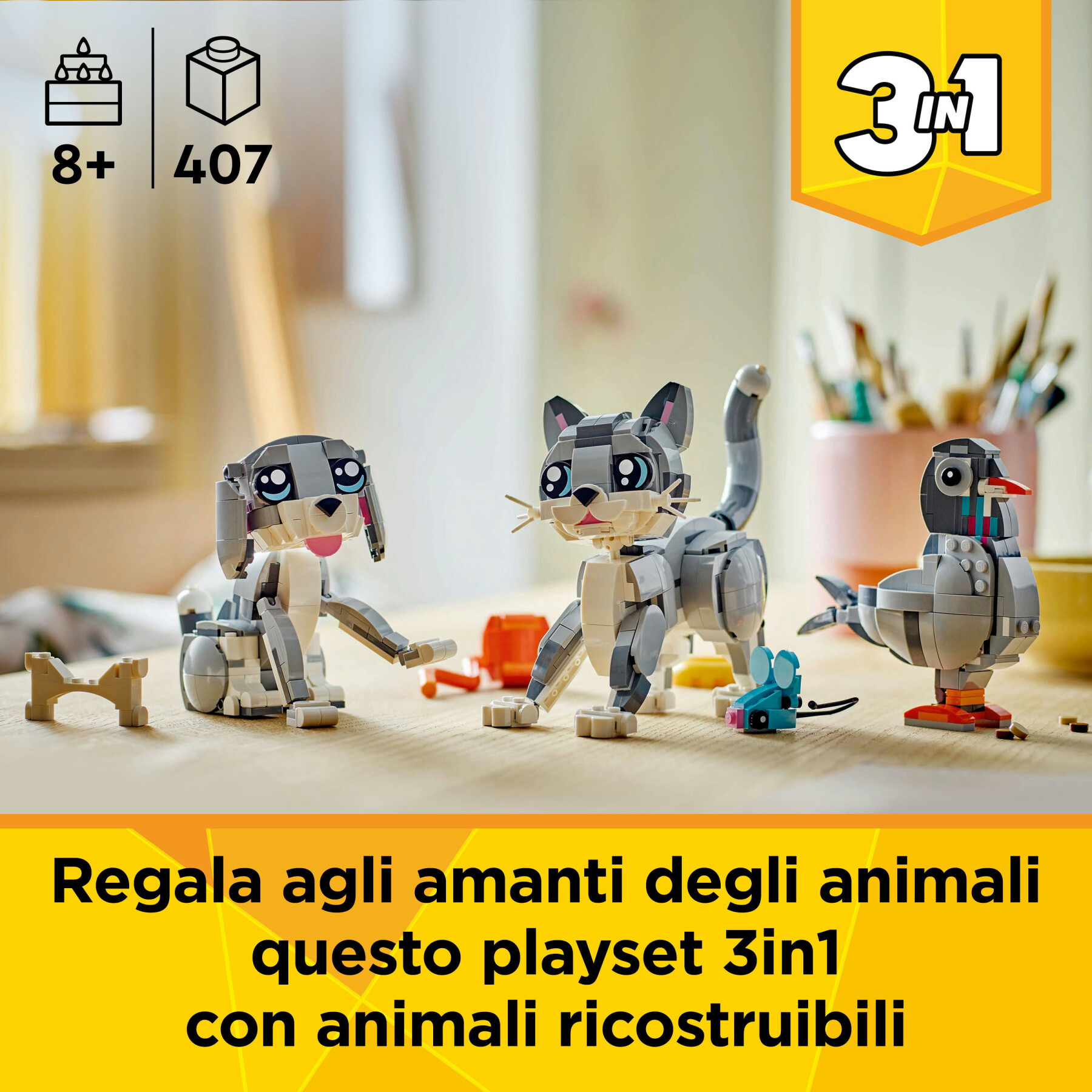 Lego creator 3 in 1 31163 gatto giocoso giocattolo, si trasforma in piccione o in cane - animali da costruire per bambini 8+ - LEGO CREATOR