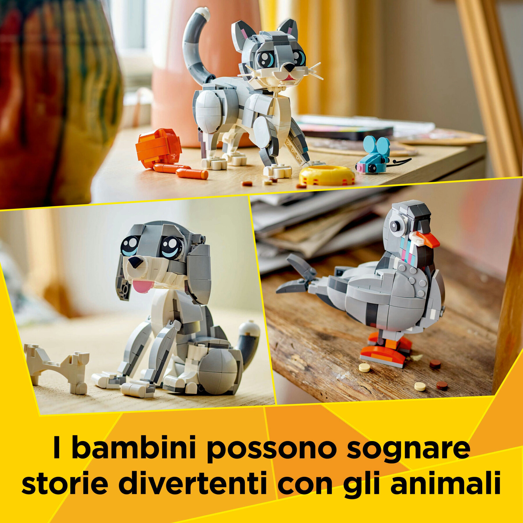 Lego creator 3 in 1 31163 gatto giocoso giocattolo, si trasforma in piccione o in cane - animali da costruire per bambini 8+ - LEGO CREATOR