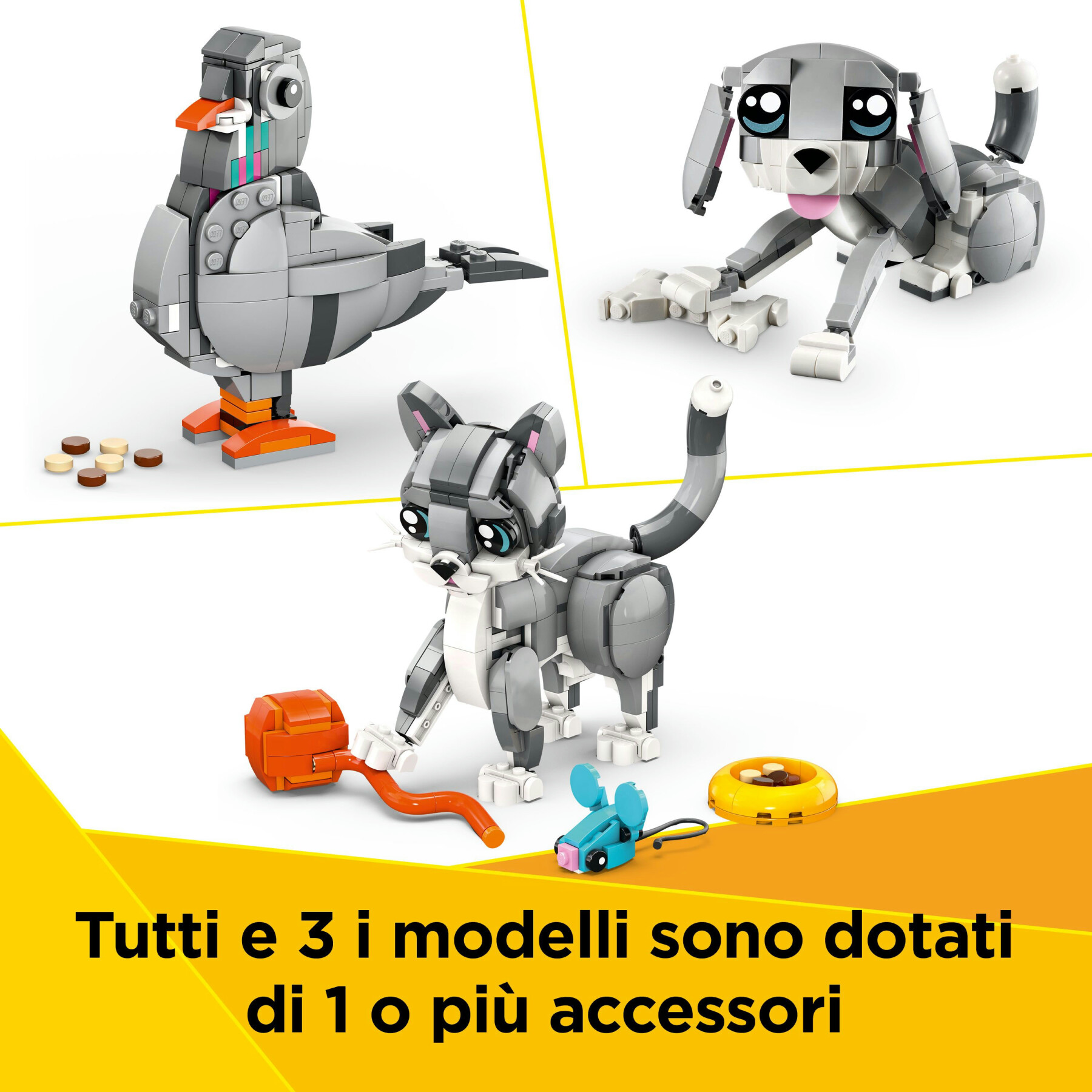 Lego creator 3 in 1 31163 gatto giocoso giocattolo, si trasforma in piccione o in cane - animali da costruire per bambini 8+ - LEGO CREATOR