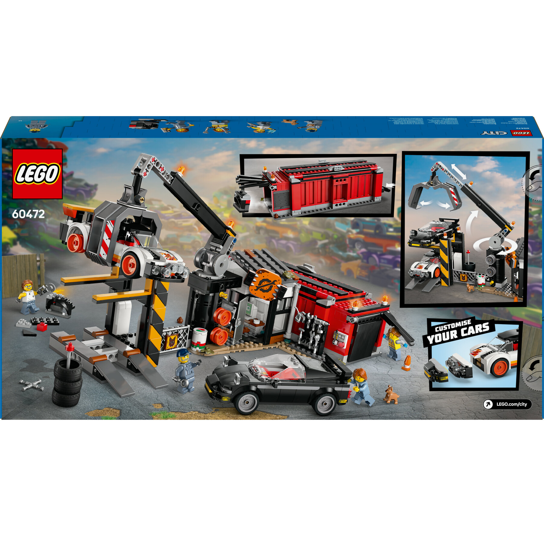 Lego city 60472 sfasciacarrozze con auto, giocattolo con 2 macchine, ricambi, gru, crusher e 4 minifigure, giochi bambini 8+ - LEGO CITY