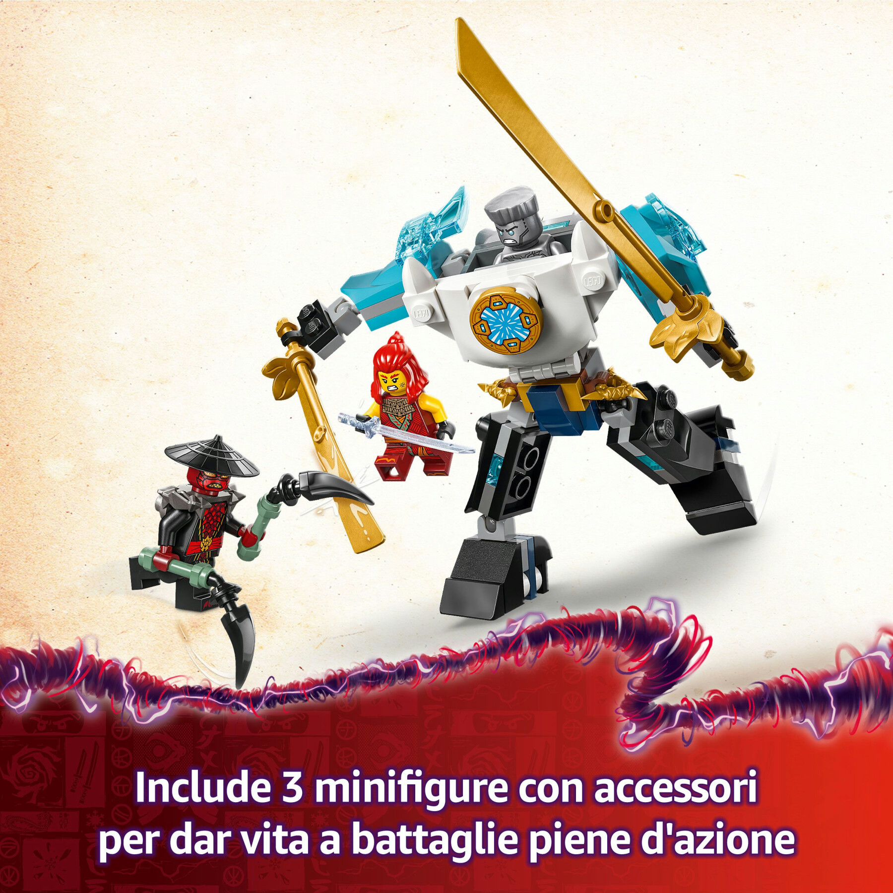 Lego ninjago 71827 mech da battaglia di zane - figura giocattolo ninja snodabile con 3 minifigure e armi, giochi bambini 6+ - LEGO NINJAGO