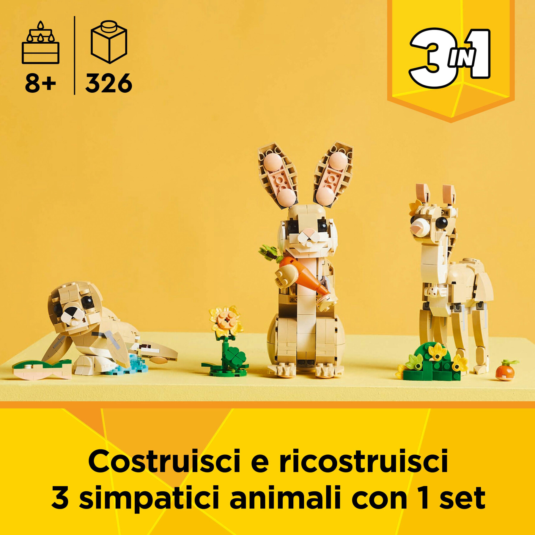 Lego creator 3 in 1 31162 adorabile coniglio giocattolo, si trasforma in lama o in foca, animali da costruire per bambini 8+ - LEGO CREATOR