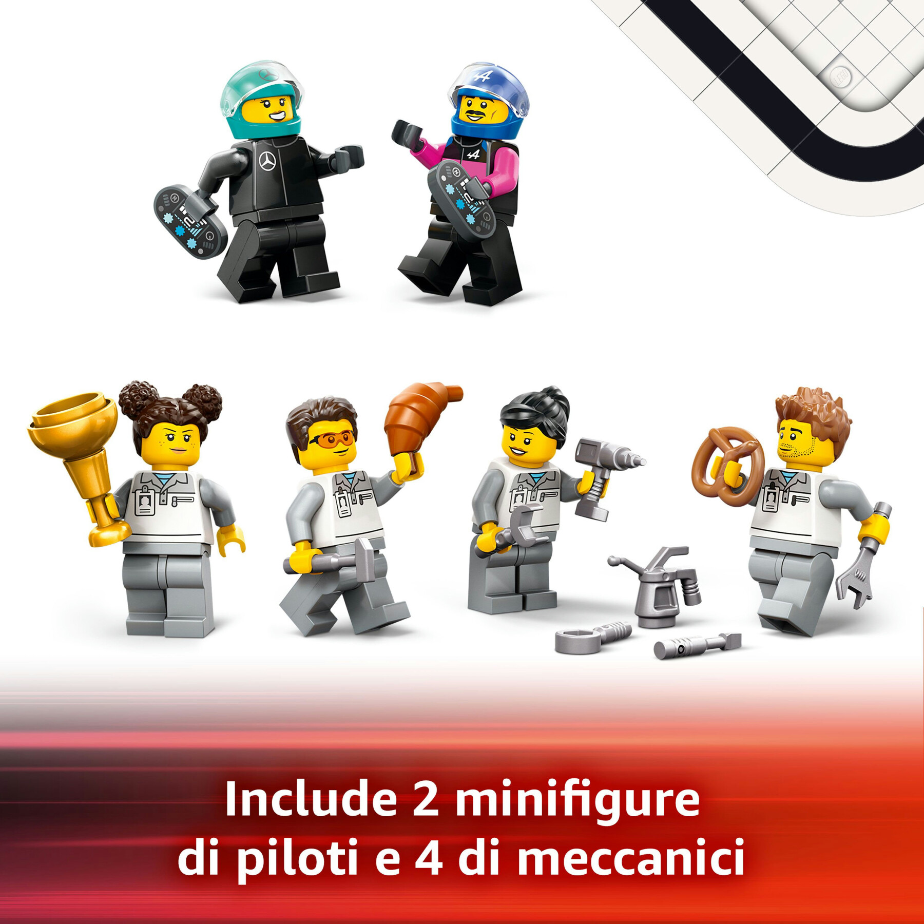 Lego city 60444 garage con monoposto mercedes-amg e alpine f1, auto da corsa giocattolo con 6 minifigure, regalo bambini 7+ - LEGO CITY