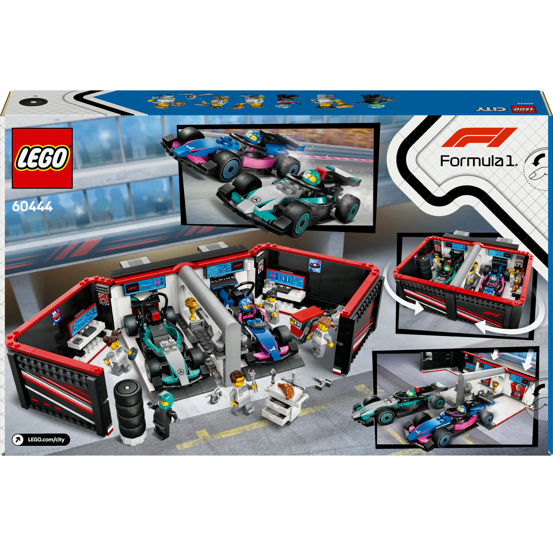 Lego city 60444 garage con monoposto mercedes-amg e alpine f1, auto da corsa giocattolo con 6 minifigure, regalo bambini 7+ - LEGO CITY