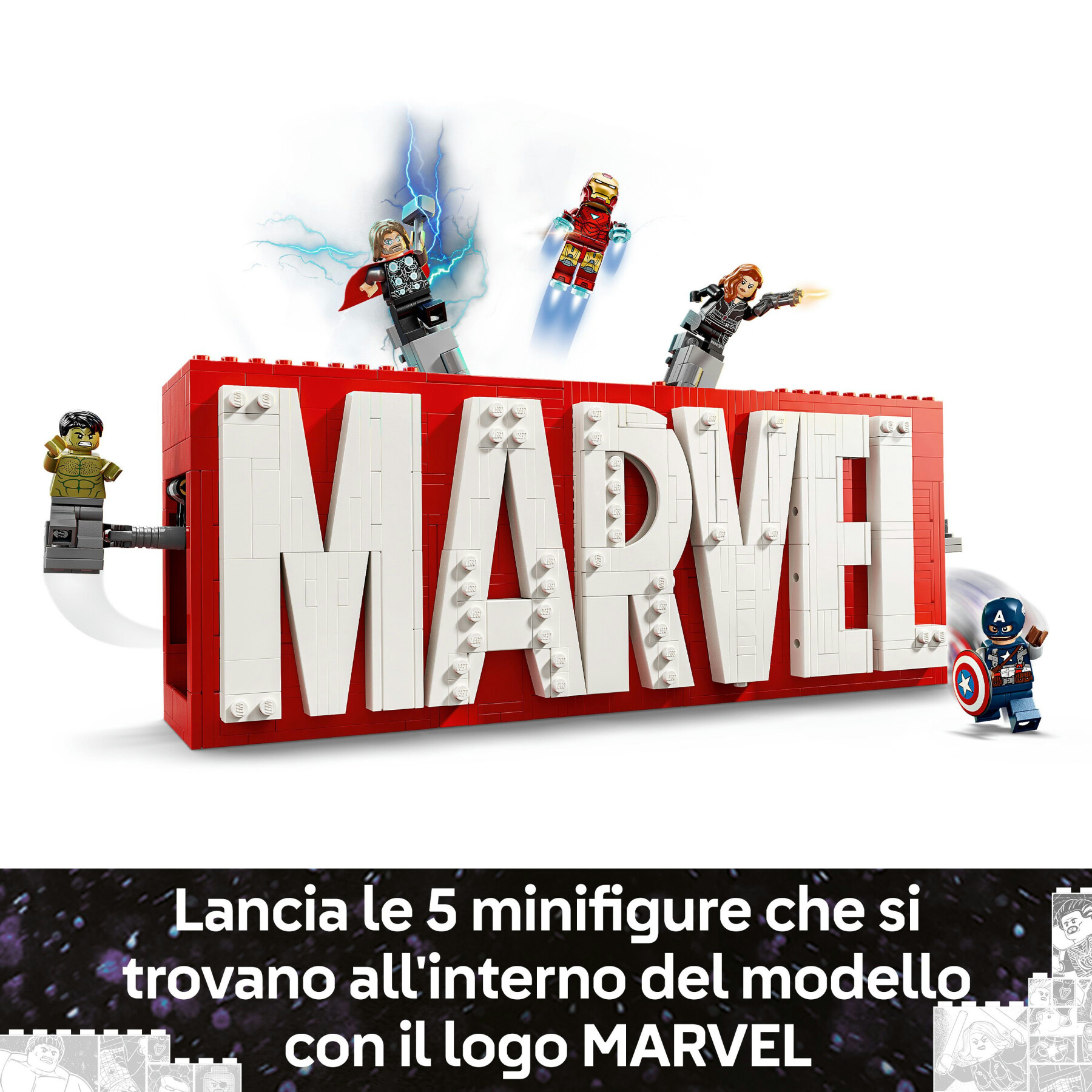 Lego 76313 logo e minifigure marvel con supereroi di hulk, thor, iron man, black widow e captain america, giochi bambini 12+ - LEGO SUPER HEROES