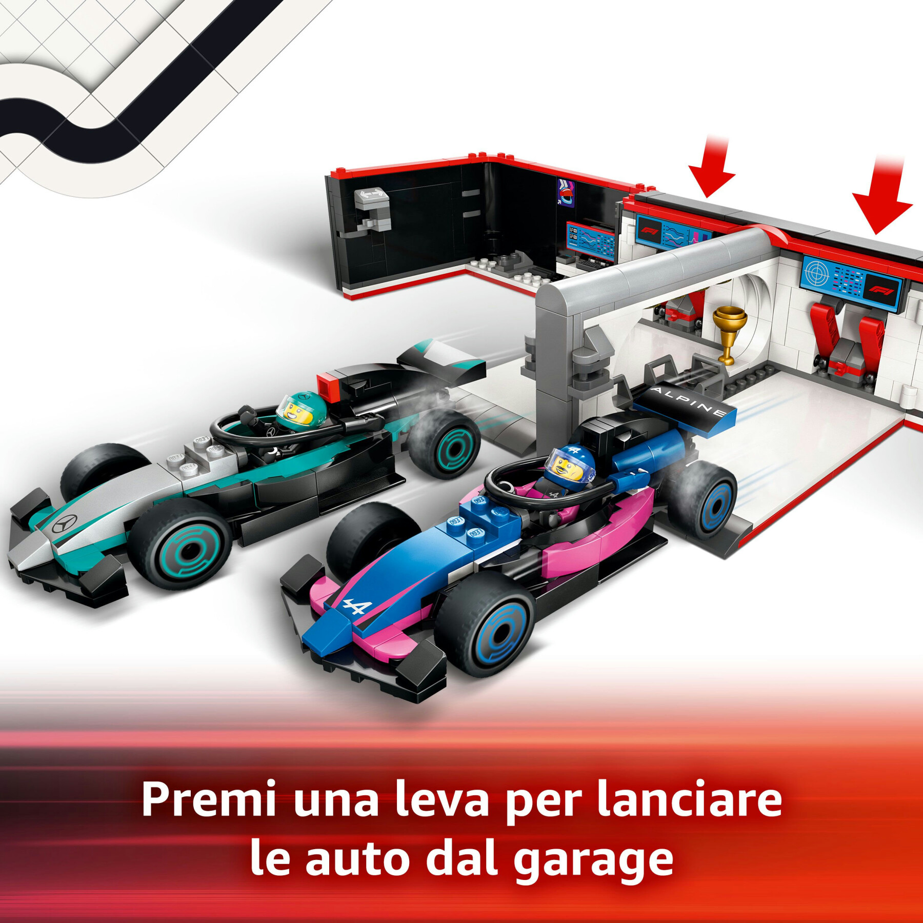 Lego city 60444 garage con monoposto mercedes-amg e alpine f1, auto da corsa giocattolo con 6 minifigure, regalo bambini 7+ - LEGO CITY