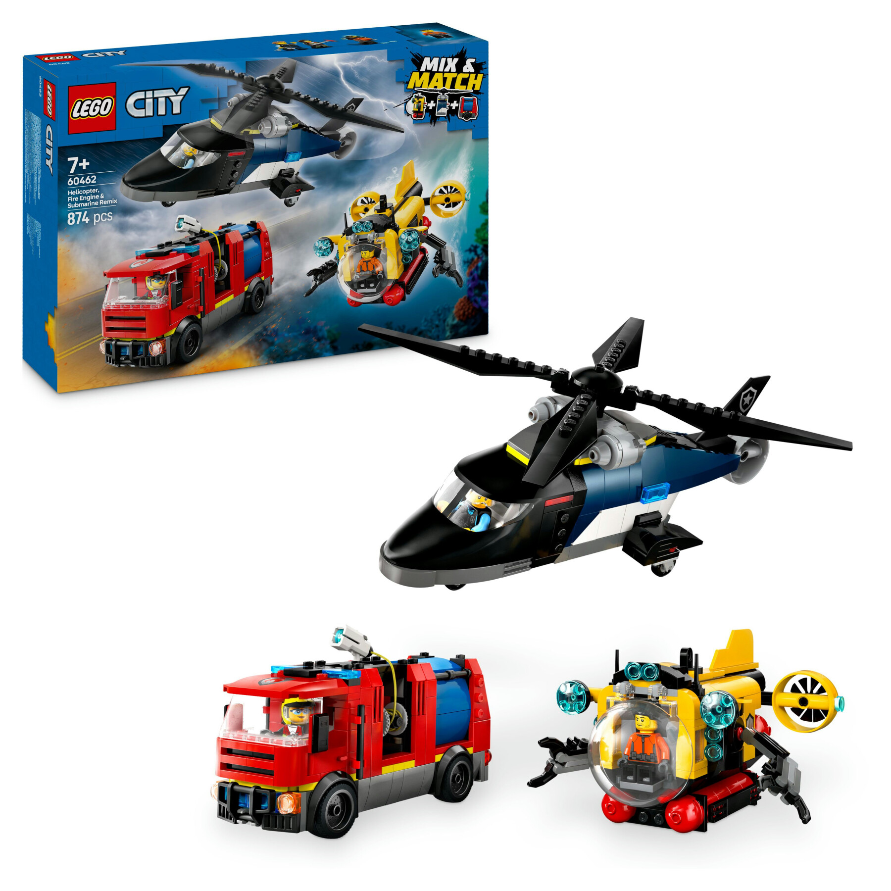 Lego city 60462 3in1 elicottero, autopompa e sottomarino - giocattolo combinabile con 3 minifigure, giochi per bambini 7+ - LEGO CITY