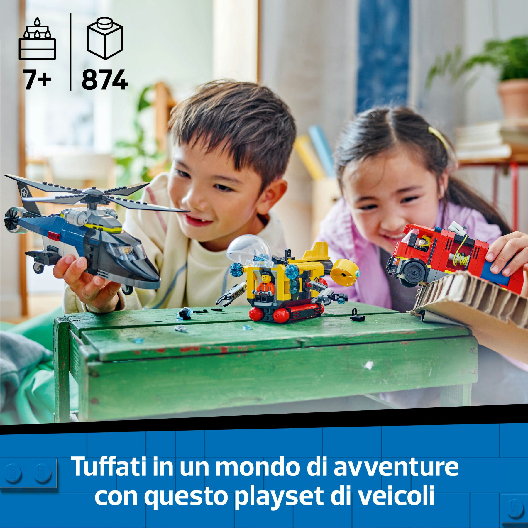 Lego city 60462 3in1 elicottero, autopompa e sottomarino - giocattolo combinabile con 3 minifigure, giochi per bambini 7+ - LEGO CITY