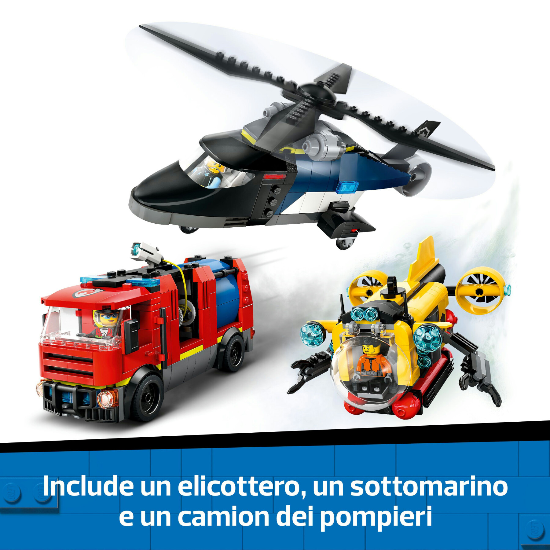 Lego city 60462 3in1 elicottero, autopompa e sottomarino - giocattolo combinabile con 3 minifigure, giochi per bambini 7+ - LEGO CITY