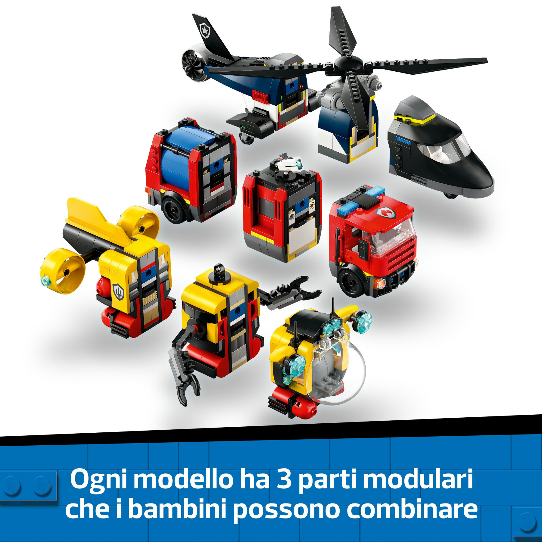 Lego city 60462 3in1 elicottero, autopompa e sottomarino - giocattolo combinabile con 3 minifigure, giochi per bambini 7+ - LEGO CITY