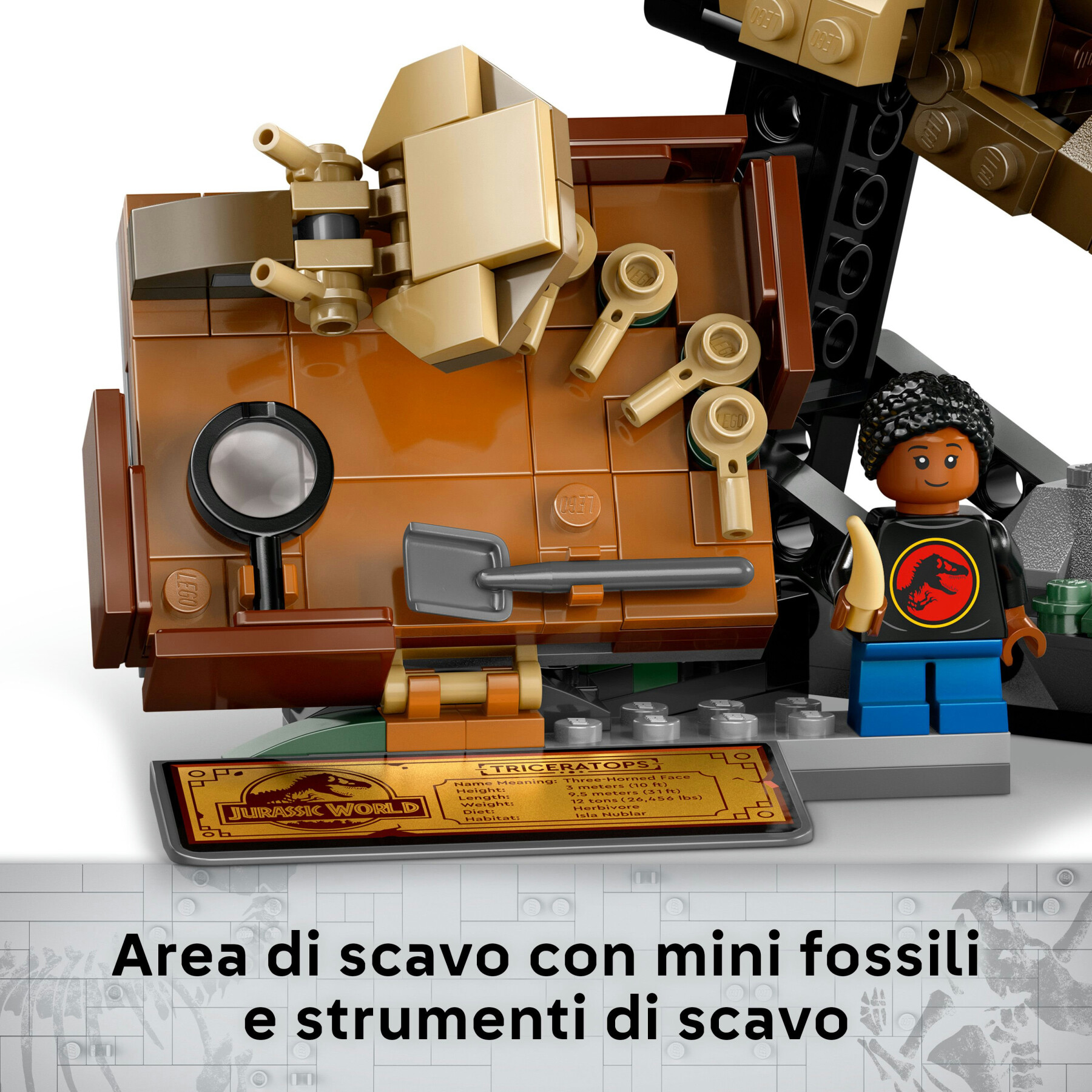 Lego jurassic world 76969 fossili di dinosauro: teschio di triceratopo, giocattolo con supporto e minifigure, giochi bambini 9+ - LEGO JURASSIC PARK/W