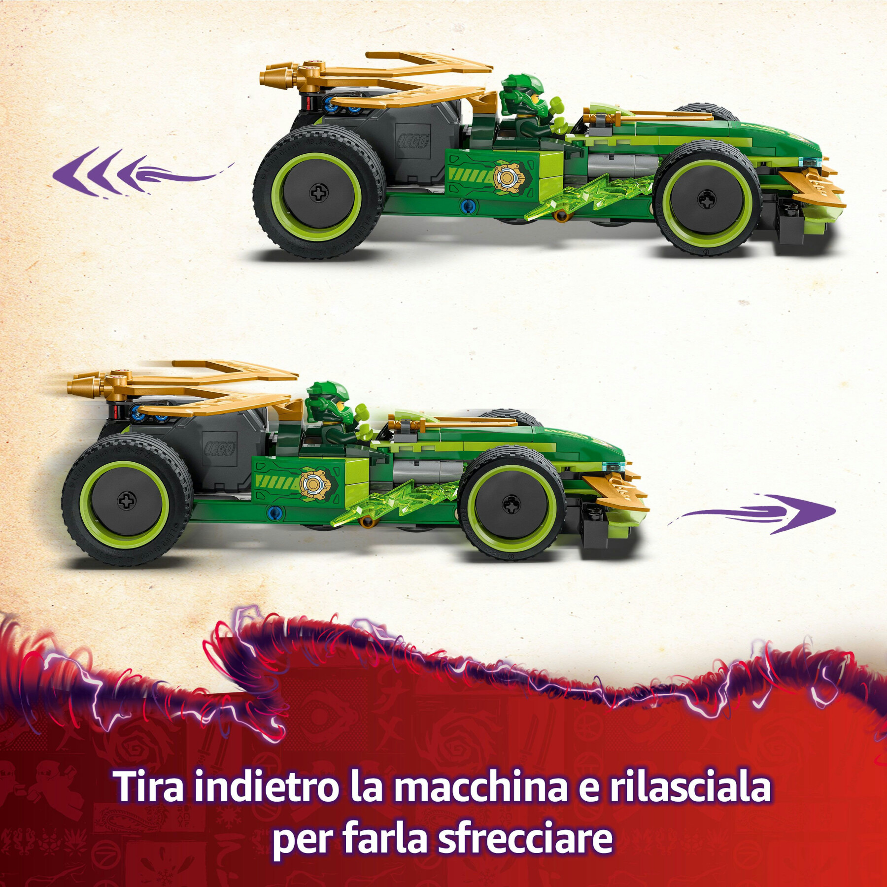 Lego ninjago 71828 racer pull-back di lloyd - modello di auto da corsa giocattolo con 2 minifigure e armi, giochi bambini 7+ - LEGO NINJAGO