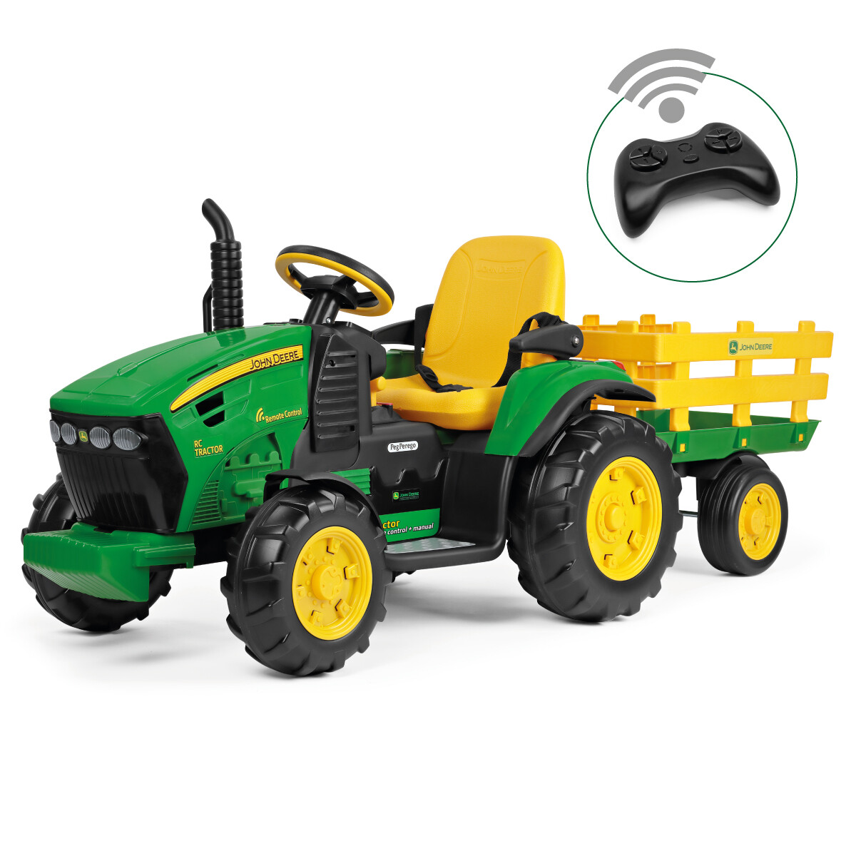 John deere rc tractor trattore elettrico con telecomando radio e rimorchio 1-8 anni - Peg Perego