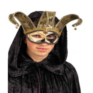 Maschera veneziana jolly nera in plastica con campanelli e tessuto damascato - CARNIVAL TOYS