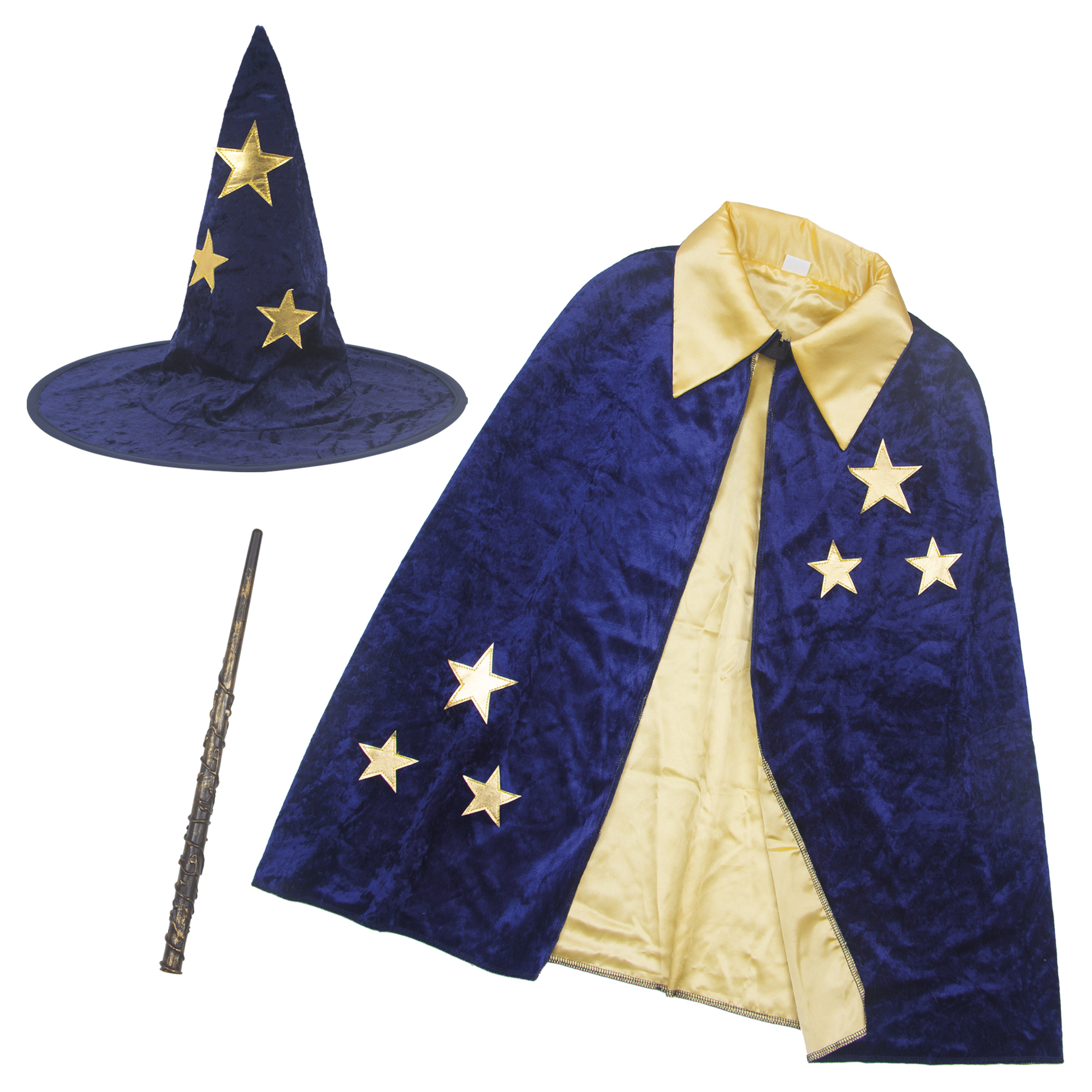 Costume da mago per bambini - mantello con stelle dorate, cappello e bacchetta magica - INVINCIBLE HEROES