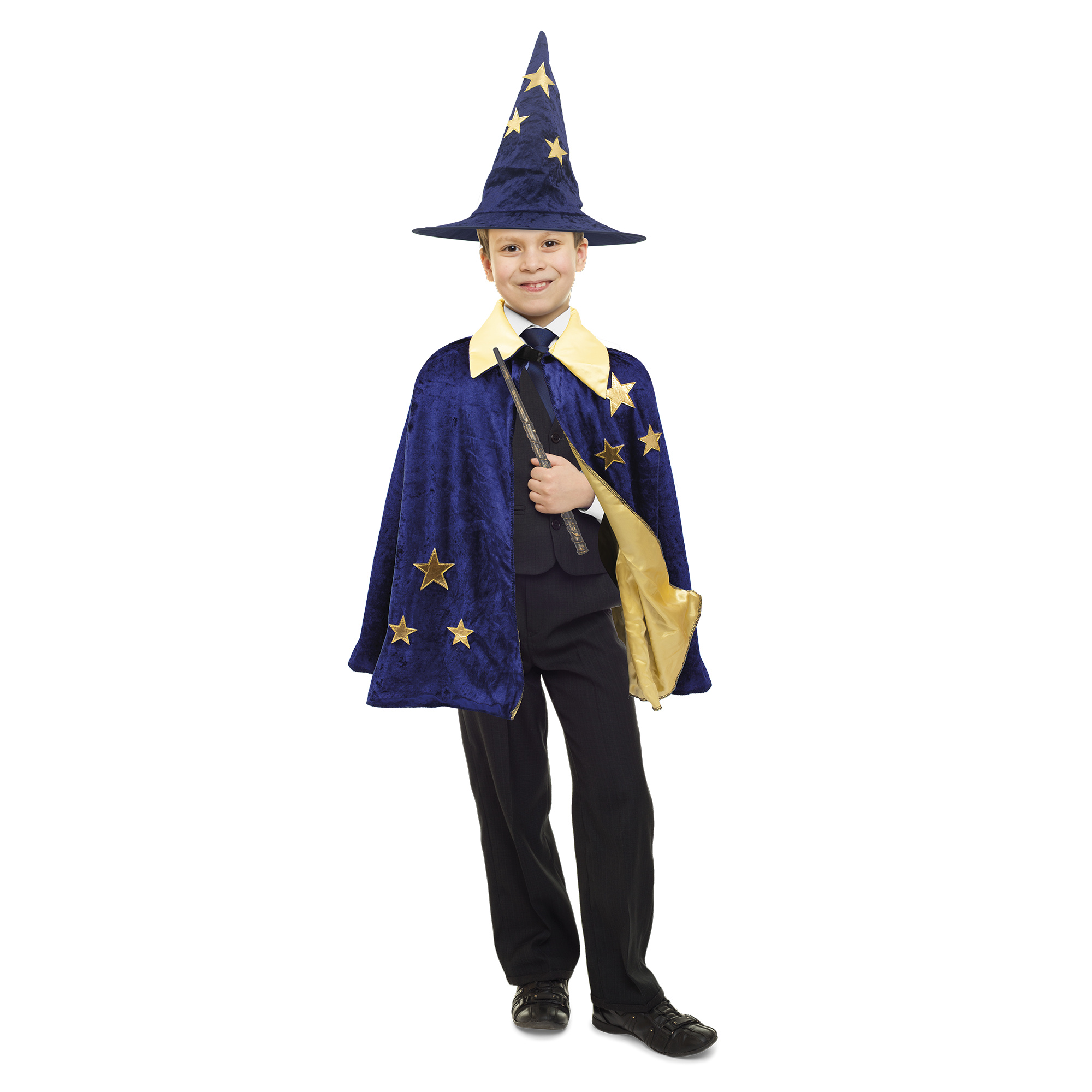 Costume da mago per bambini - mantello con stelle dorate, cappello e bacchetta magica - INVINCIBLE HEROES