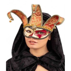 Maschera veneziana jolly rossa in plastica con campanelli e tessuto damascato - CARNIVAL TOYS