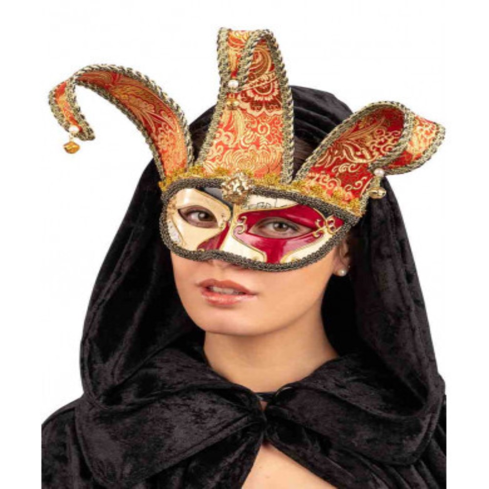Maschera veneziana jolly rossa in plastica con campanelli e tessuto damascato - CARNIVAL TOYS