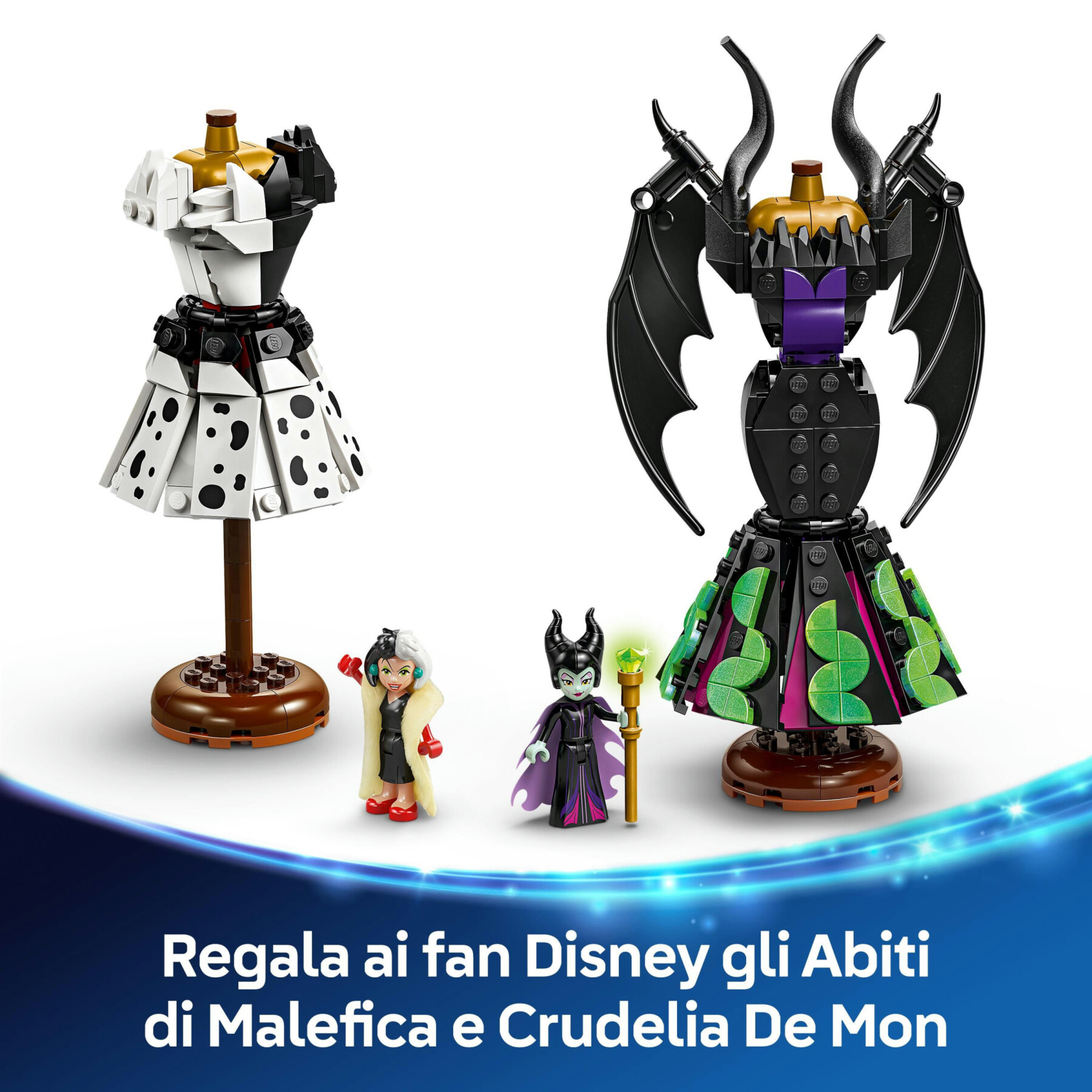 Lego | disney 43262 abiti di malefica e crudelia de mon, giochi fantasy per  bambini 9+ anni con espositore e 2 mini bamboline - Disney