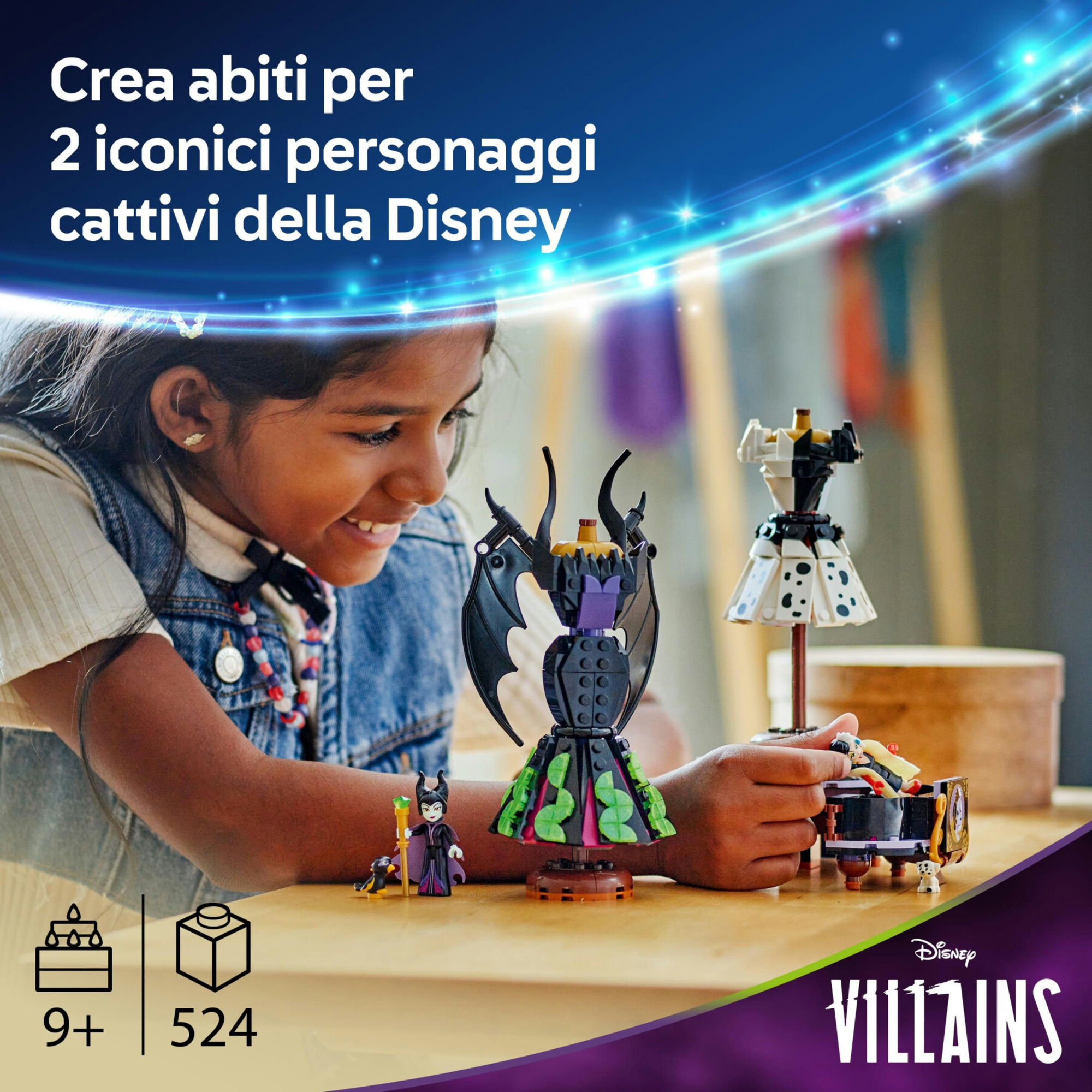Lego | disney 43262 abiti di malefica e crudelia de mon, giochi fantasy per  bambini 9+ anni con espositore e 2 mini bamboline - Disney