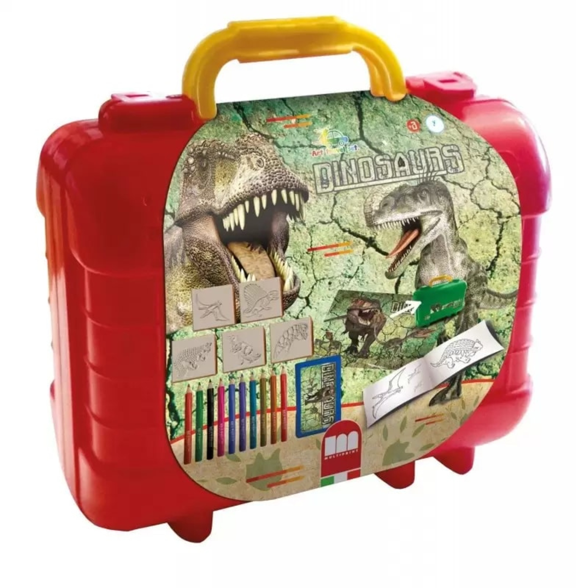 Multiprint - travel dinosauri - coloring set con timbri e colori - 