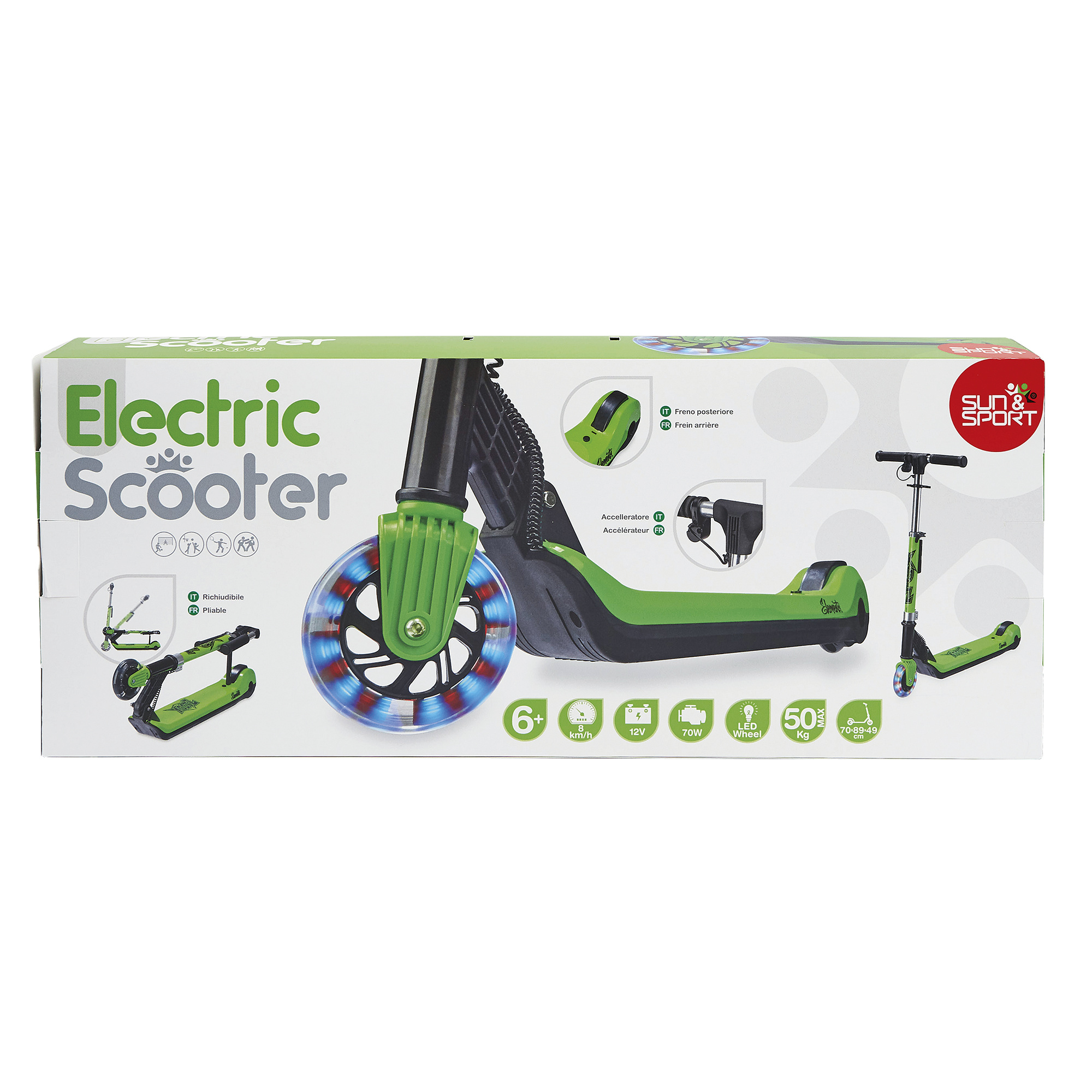 Monopattino elettrico 12v pieghevole con led, freno posteriore, pedana antiscivolo, autonomia 60 min, velocità 8 km/h, max 50 kg - SUN&SPORT