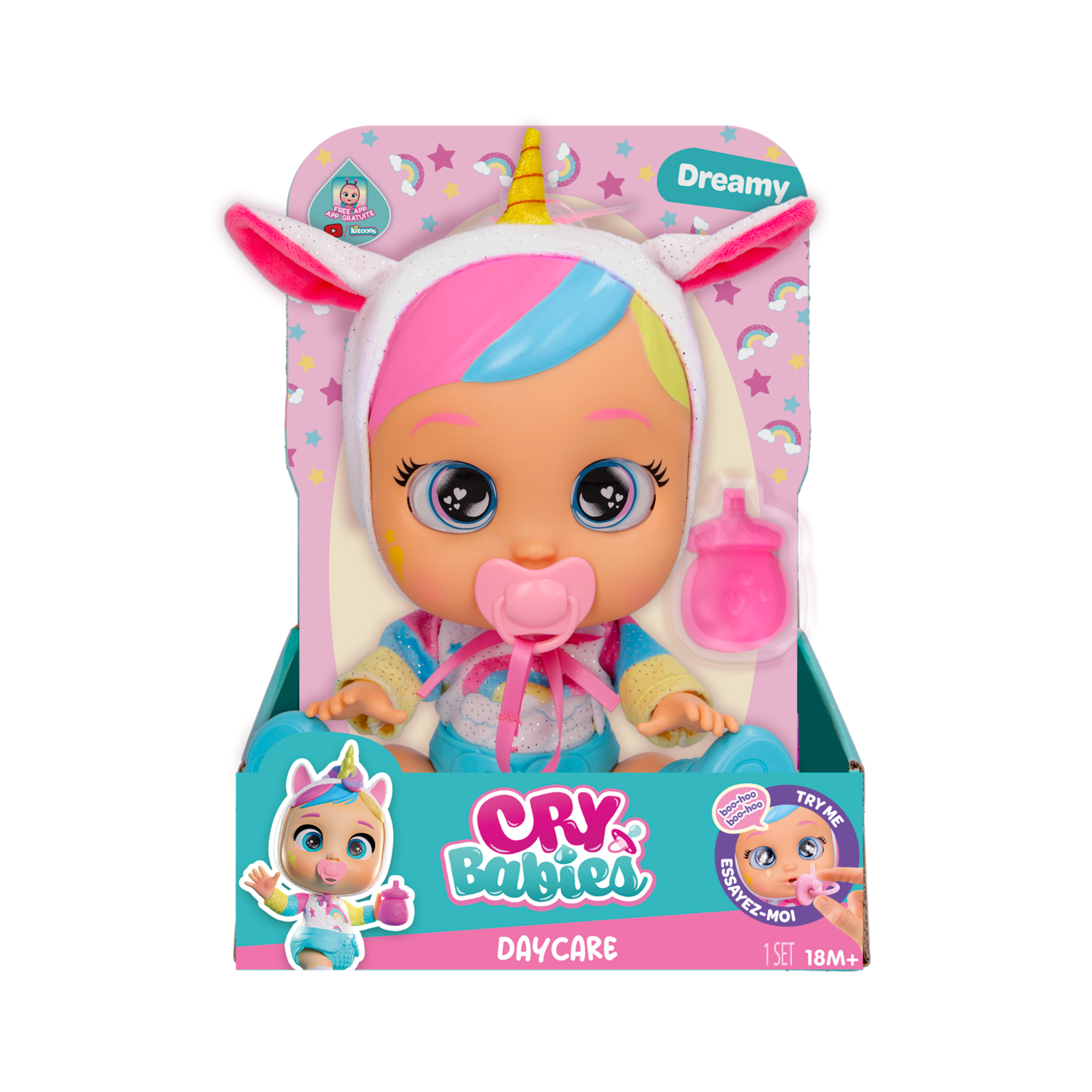 Cry babies daycare dreamy - bambola bebè unicorno con accessori, suoni realistici, piange lacrime vere - CRY BABIES