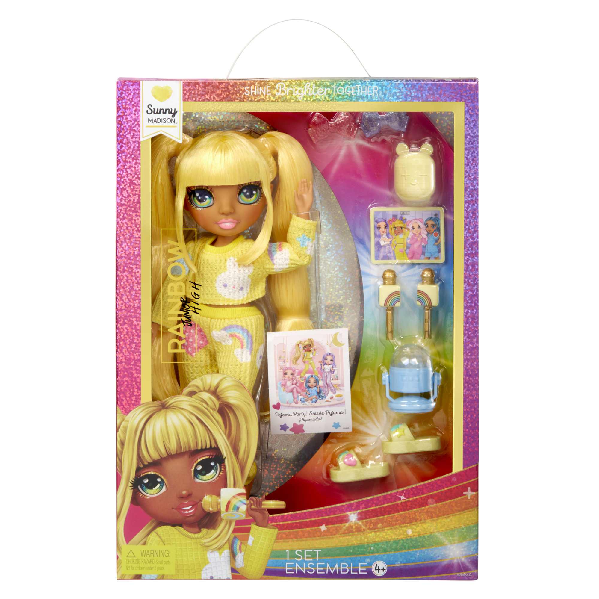 Rainbow high junior high pj party - sunny madison - bambola snodata da 22 cm con morbida tutina, pantofole e accessori da gioco - Rainbow High