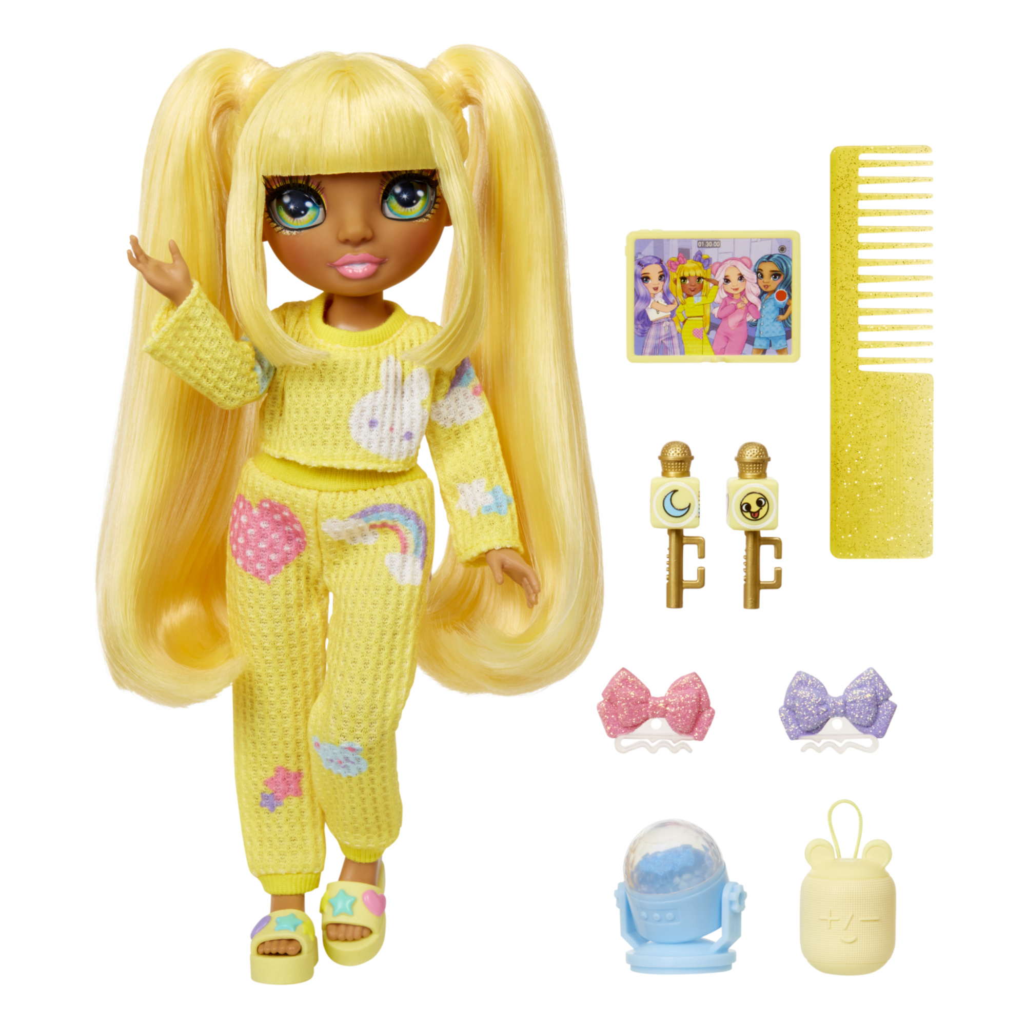 Rainbow high junior high pj party - sunny madison - bambola snodata da 22 cm con morbida tutina, pantofole e accessori da gioco - Rainbow High