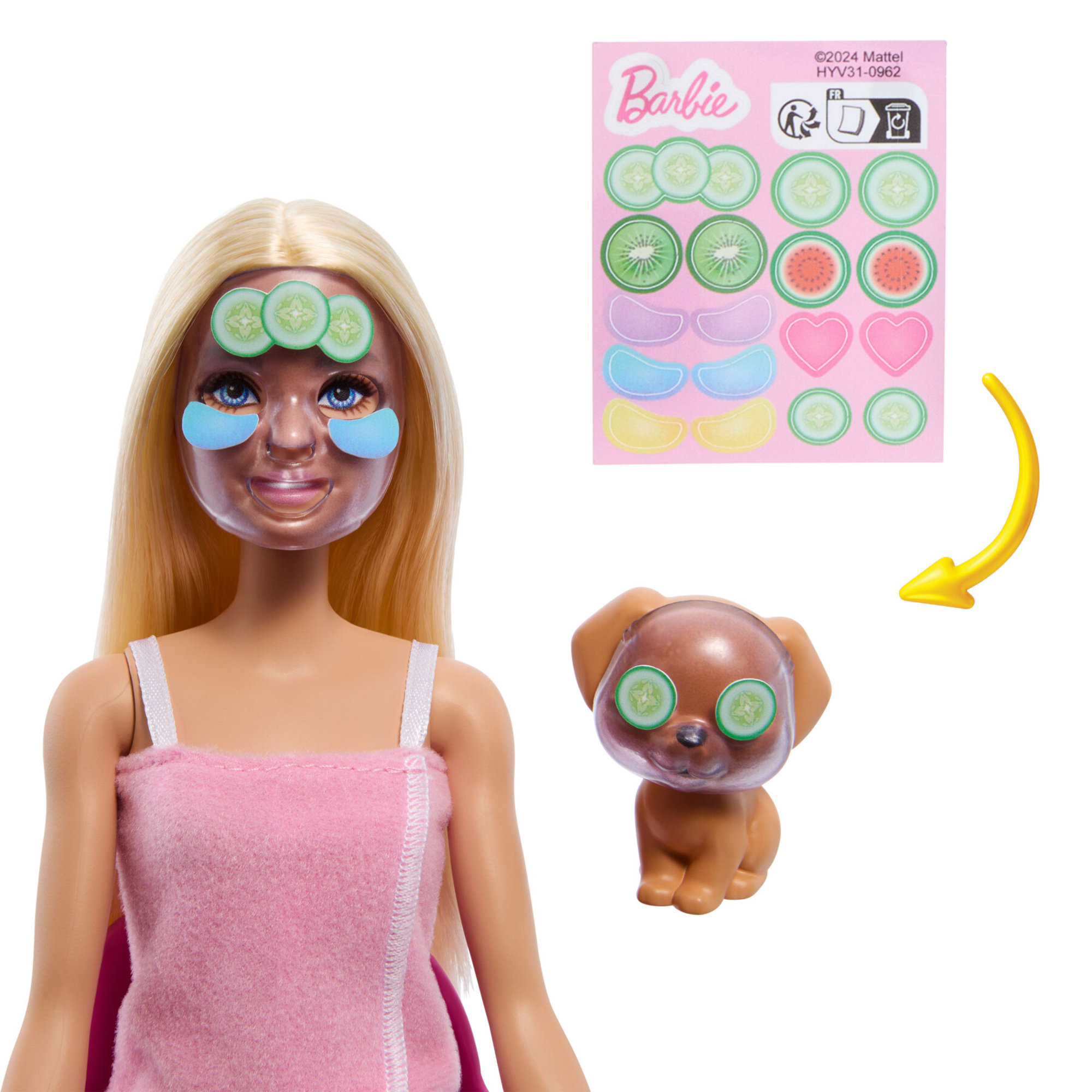 Barbie - maschere per il viso, set con bambola e 10 accessori inclusi, mobile centro benessere, cucciolo, adesivi - Barbie