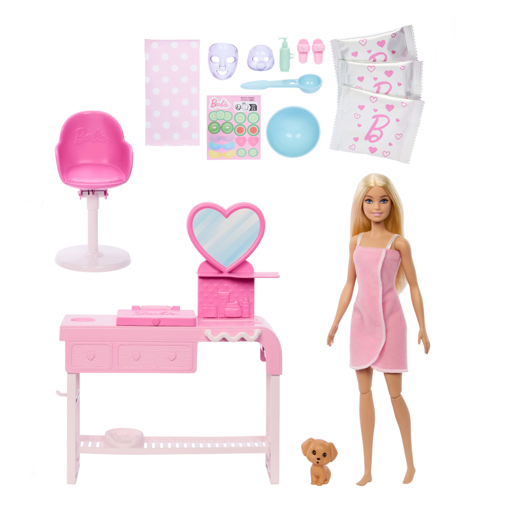 Barbie - maschere per il viso, set con bambola e 10 accessori inclusi, mobile centro benessere, cucciolo, adesivi - Barbie