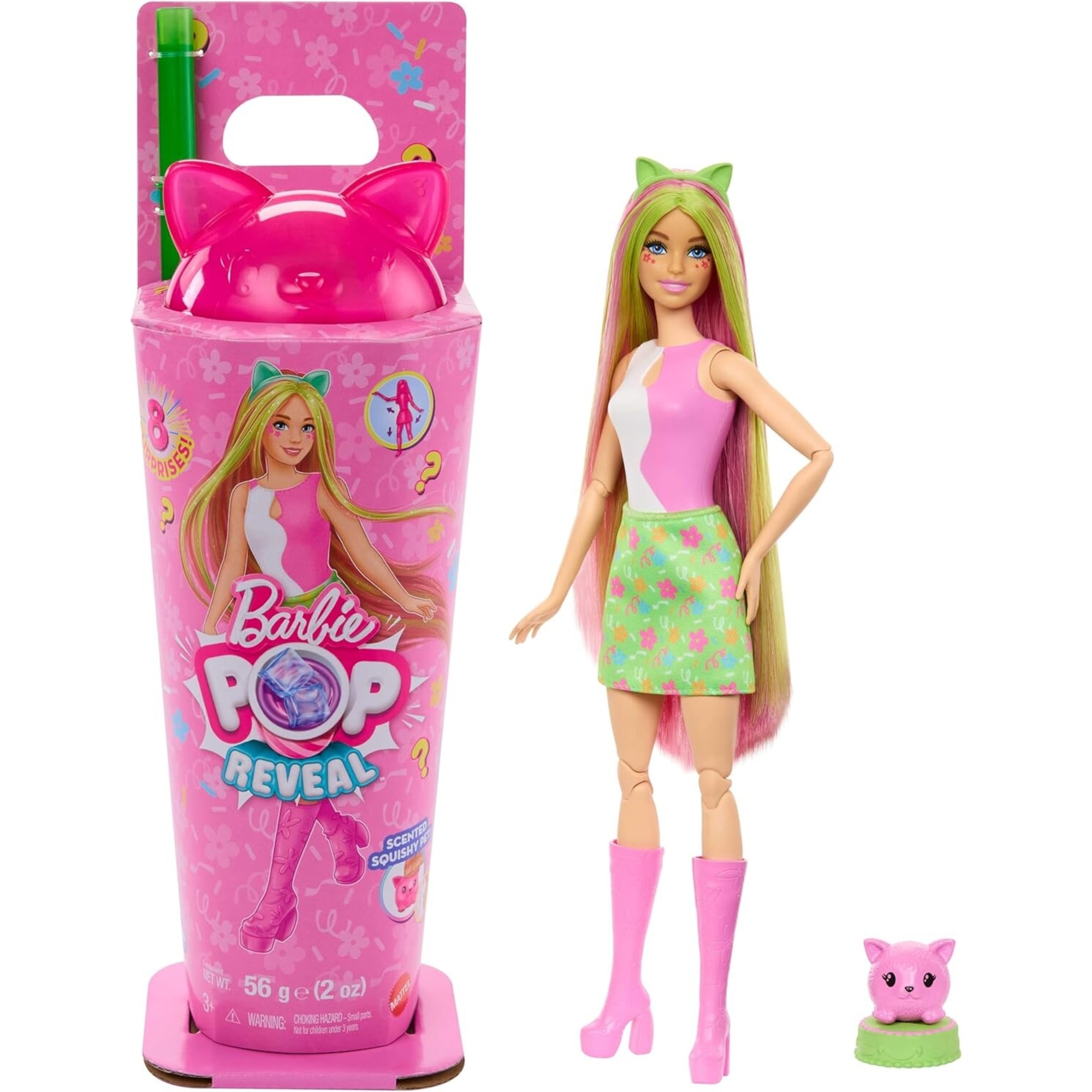 Barbie pop reveal serie frullati – bambola assortita con cerchietto e cucciolo incluso + 8 accessori a sorpresa - Barbie